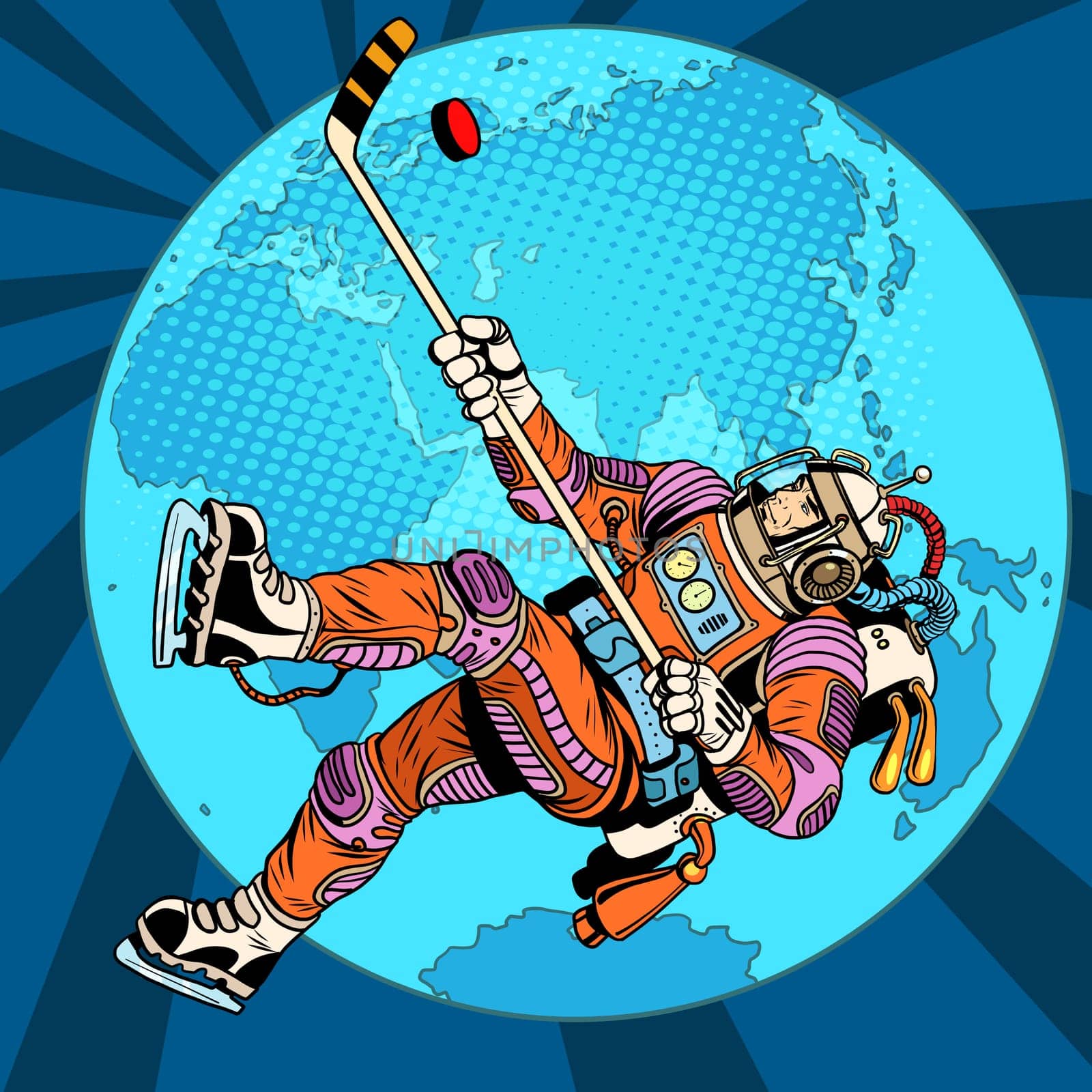 Astronaut plays hockey over planet Earth pop art retro style. Championship of the world. The world Cup. Wintersports. Winter games