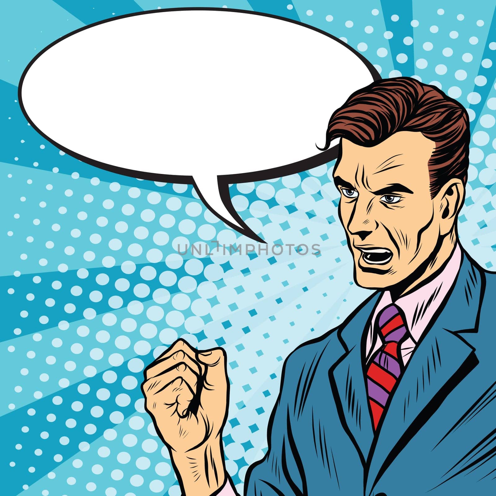 Male speaker politician businessman pop art retro style. Political candidate. Business statement. Motivation and training. Business coach