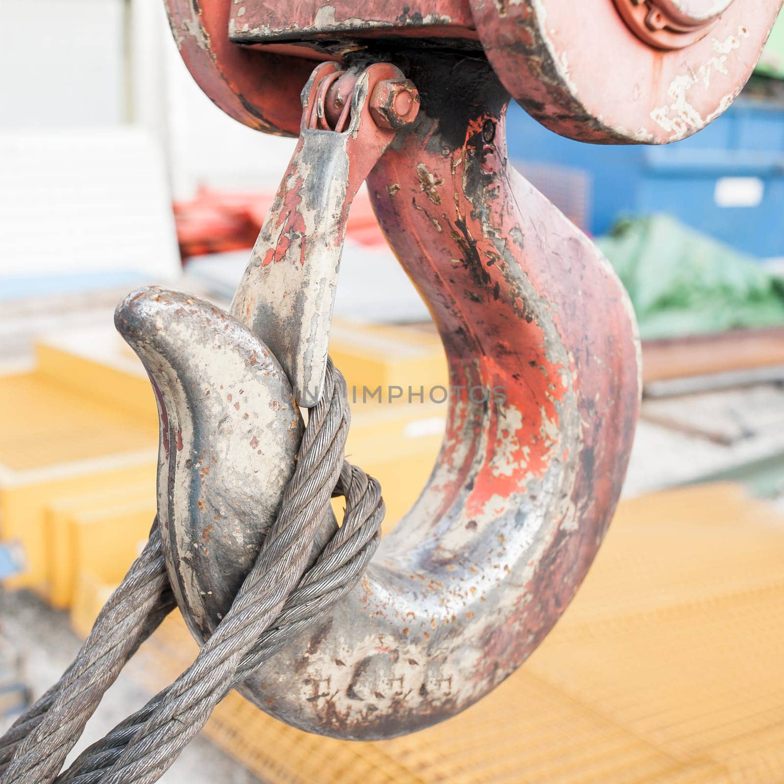 A close up of the hook on a crane.