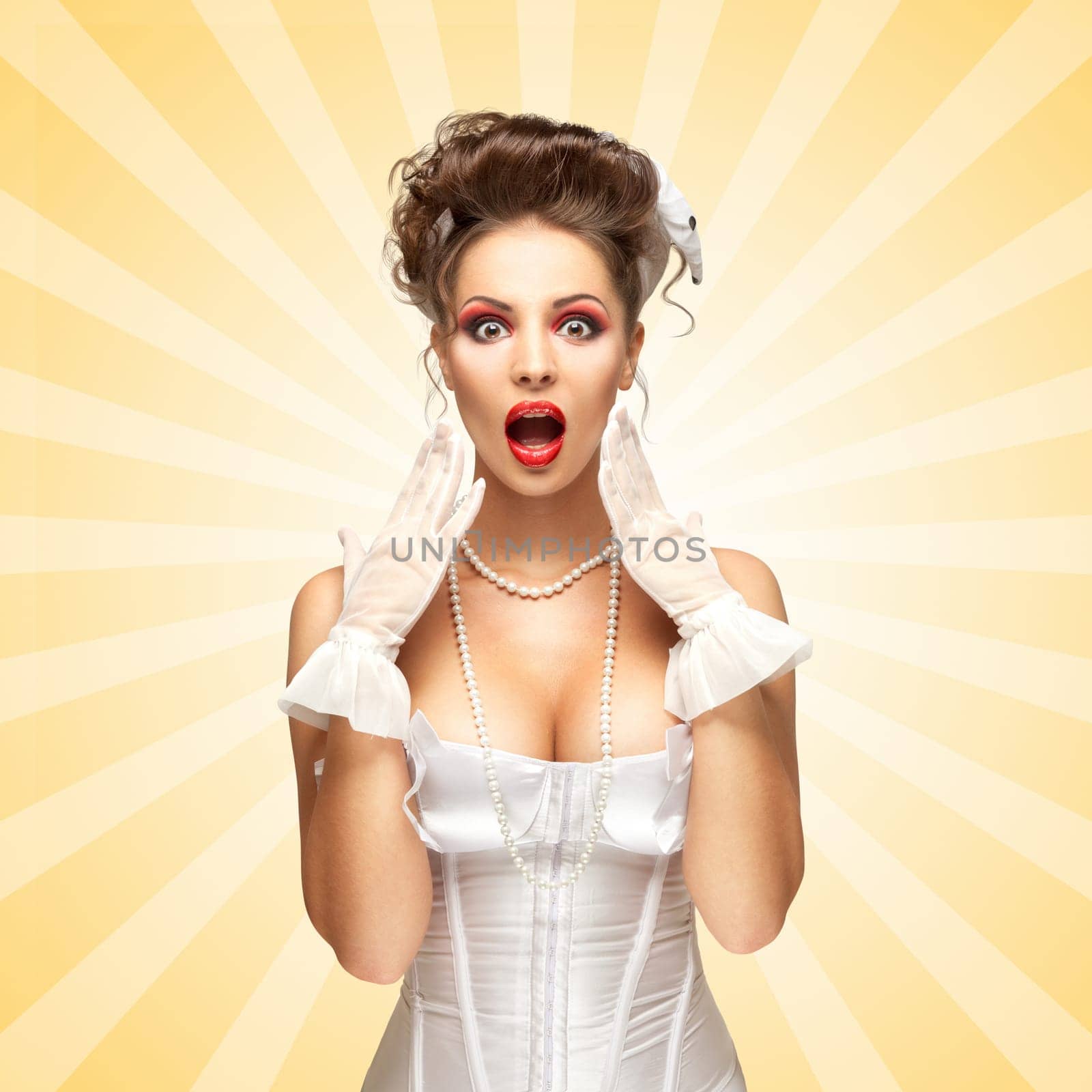 Shocked and surprised pinup bride in a vintage wedding corset showing strong emotions on colorful abstract cartoon style background.