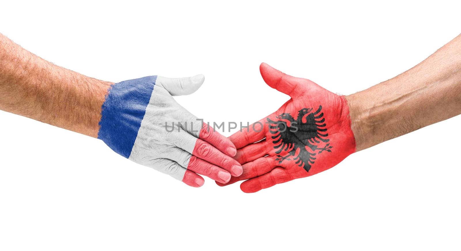 Football teams - handshake between France and Albania