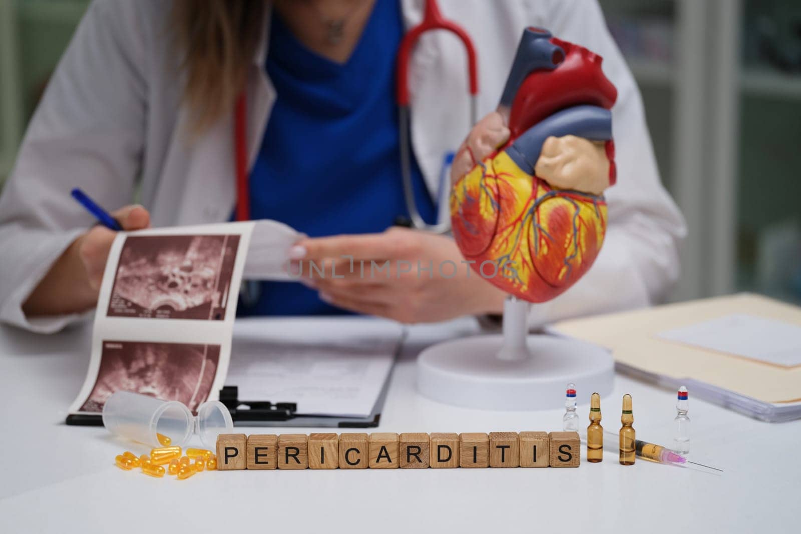 A comprehensive professional overview of pericarditis, featuring medical tools and a detailed heart model