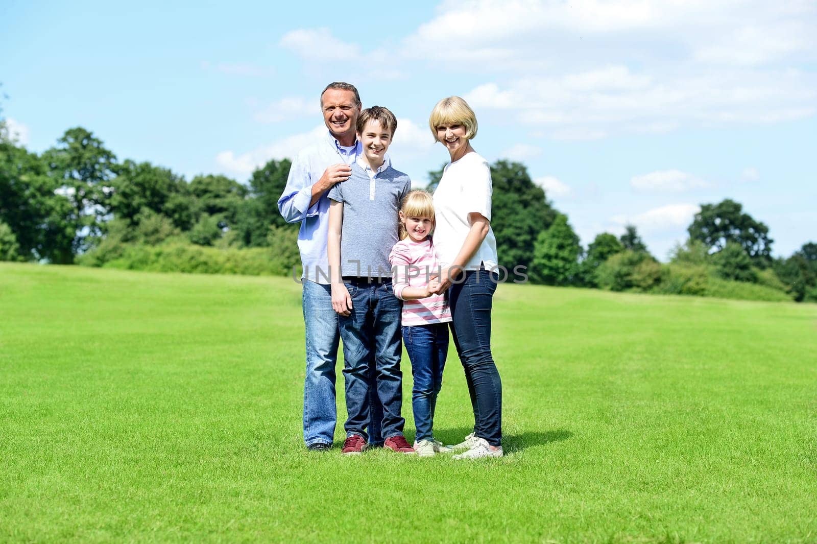 Happy family of four having nice time in summer park