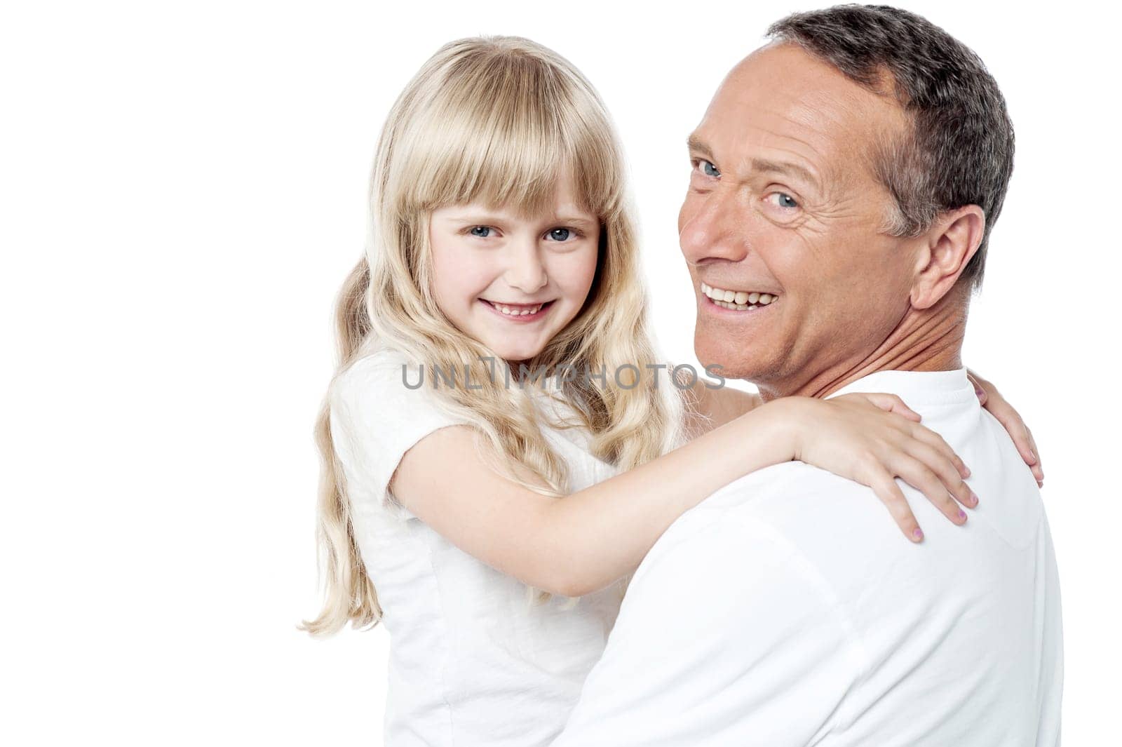 Portrait of happy man holding his daughter over white.