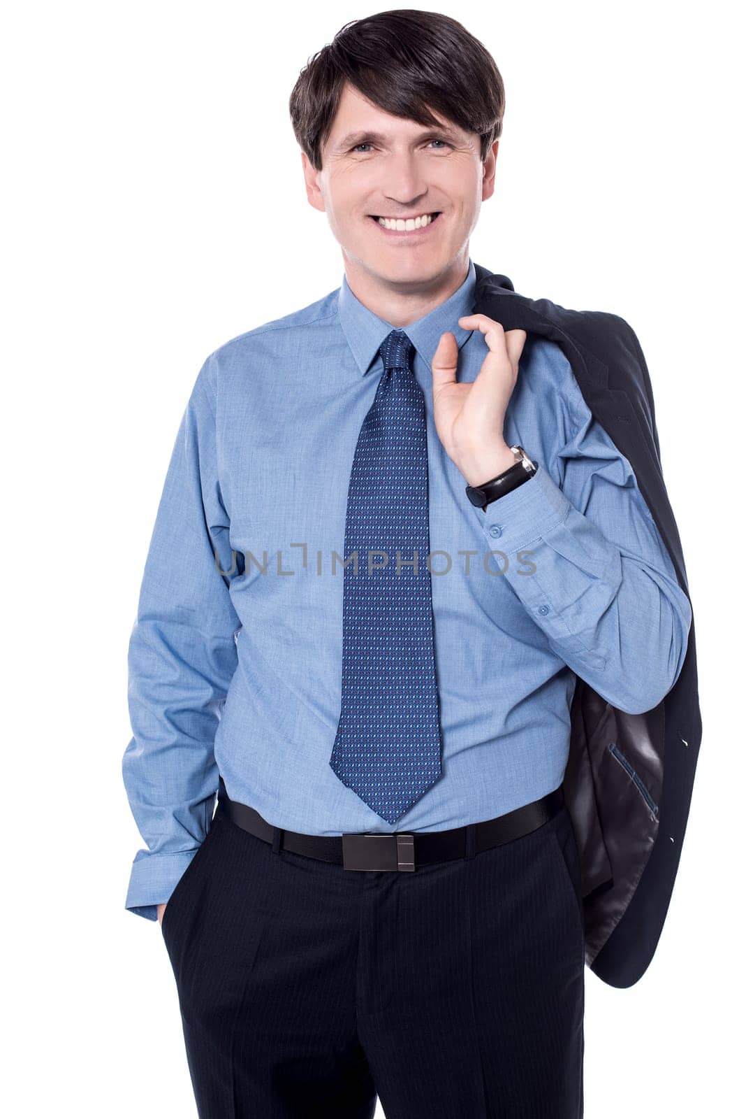 Picture of male executive holding coat over his shoulders.