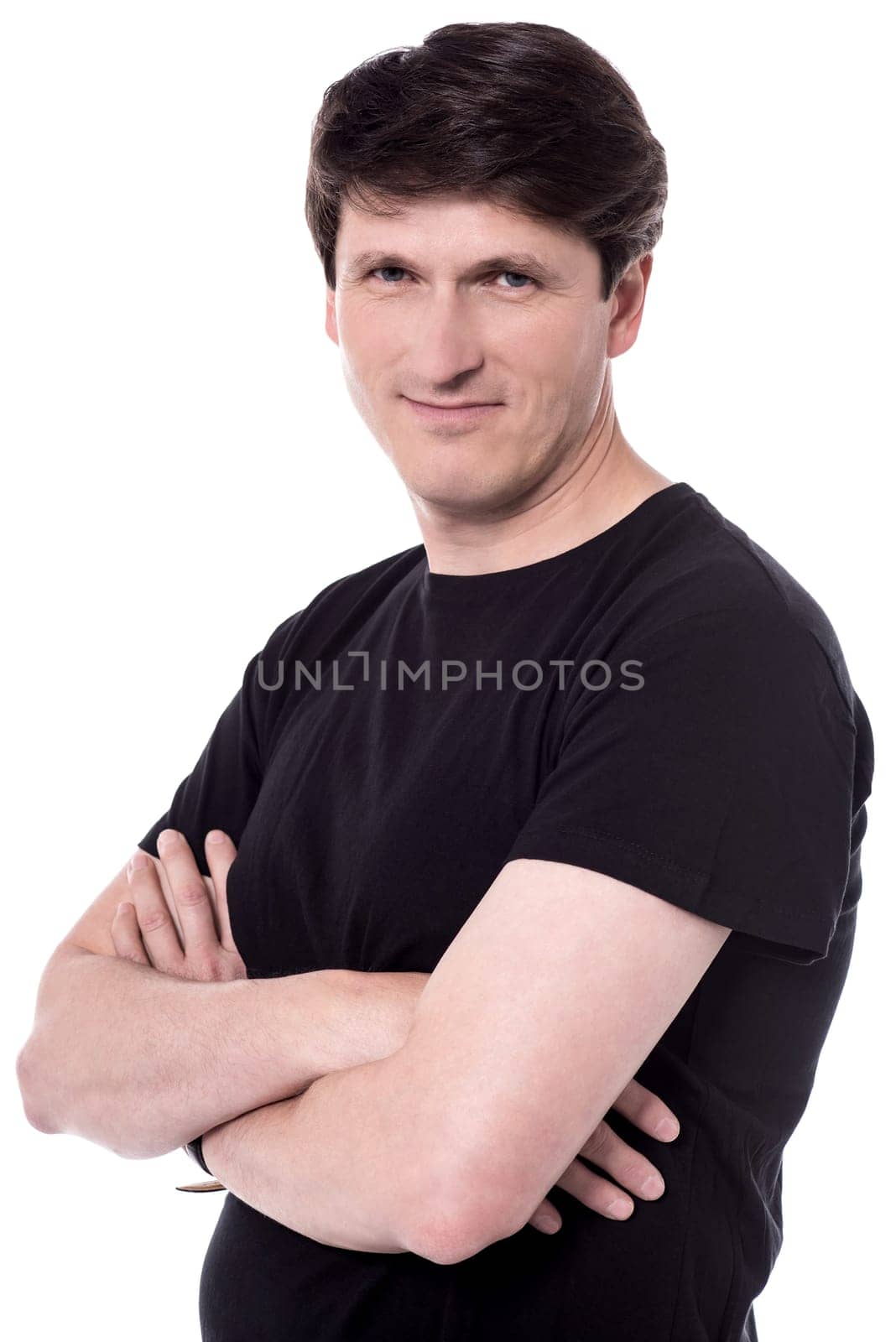 Caucasian middle aged man with folded arms.
