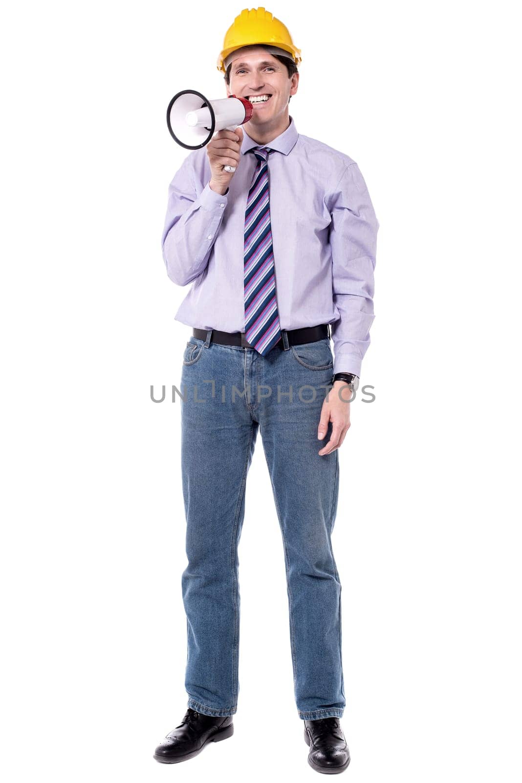 Construction worker promoting energy savings over white.