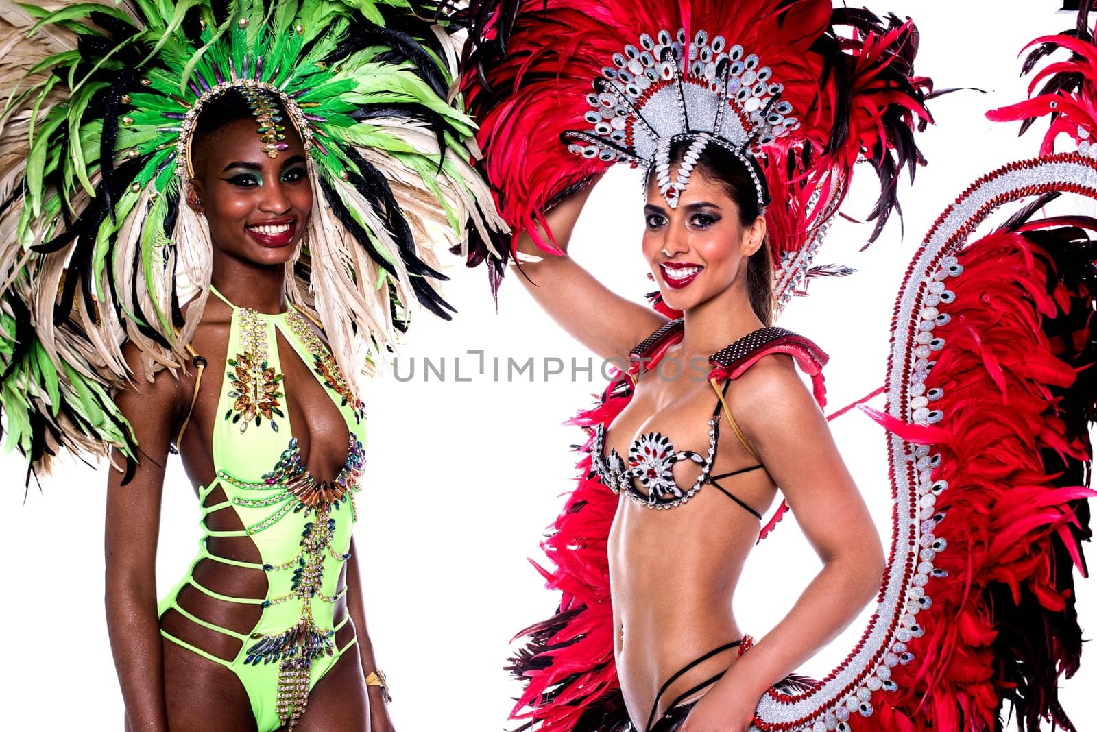 Smiling beautiful girls in a colorful carnival costume