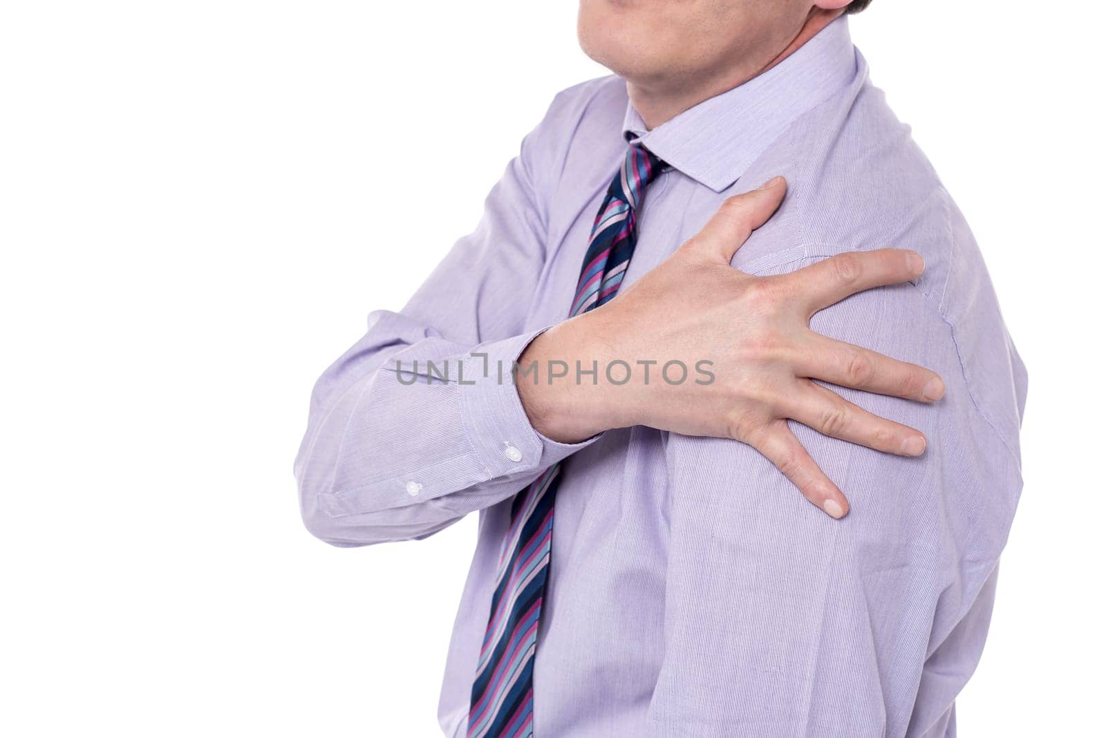 Man with pain in shoulder. Pain relief concept.