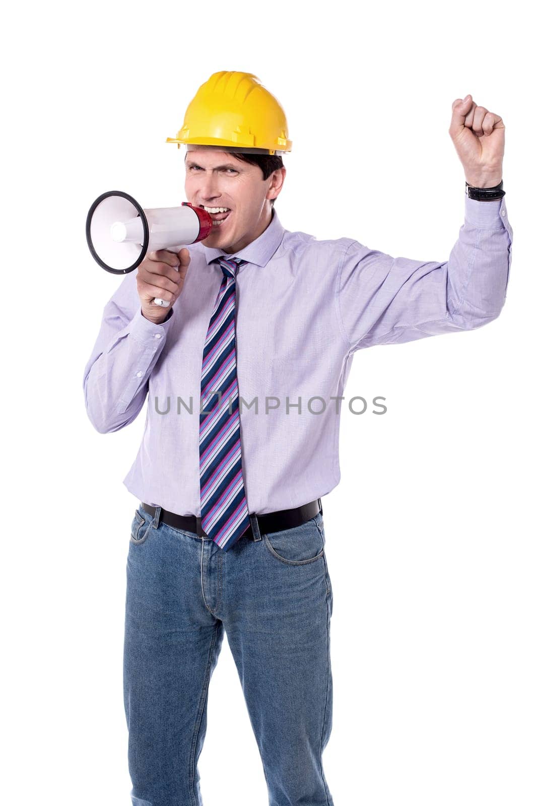 Construction worker making announcement with megaphone.