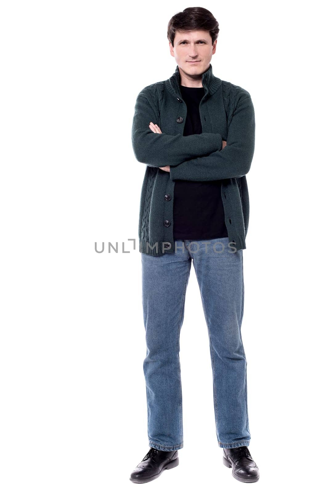 Good looking middle aged man in casual winter fashion clothes.