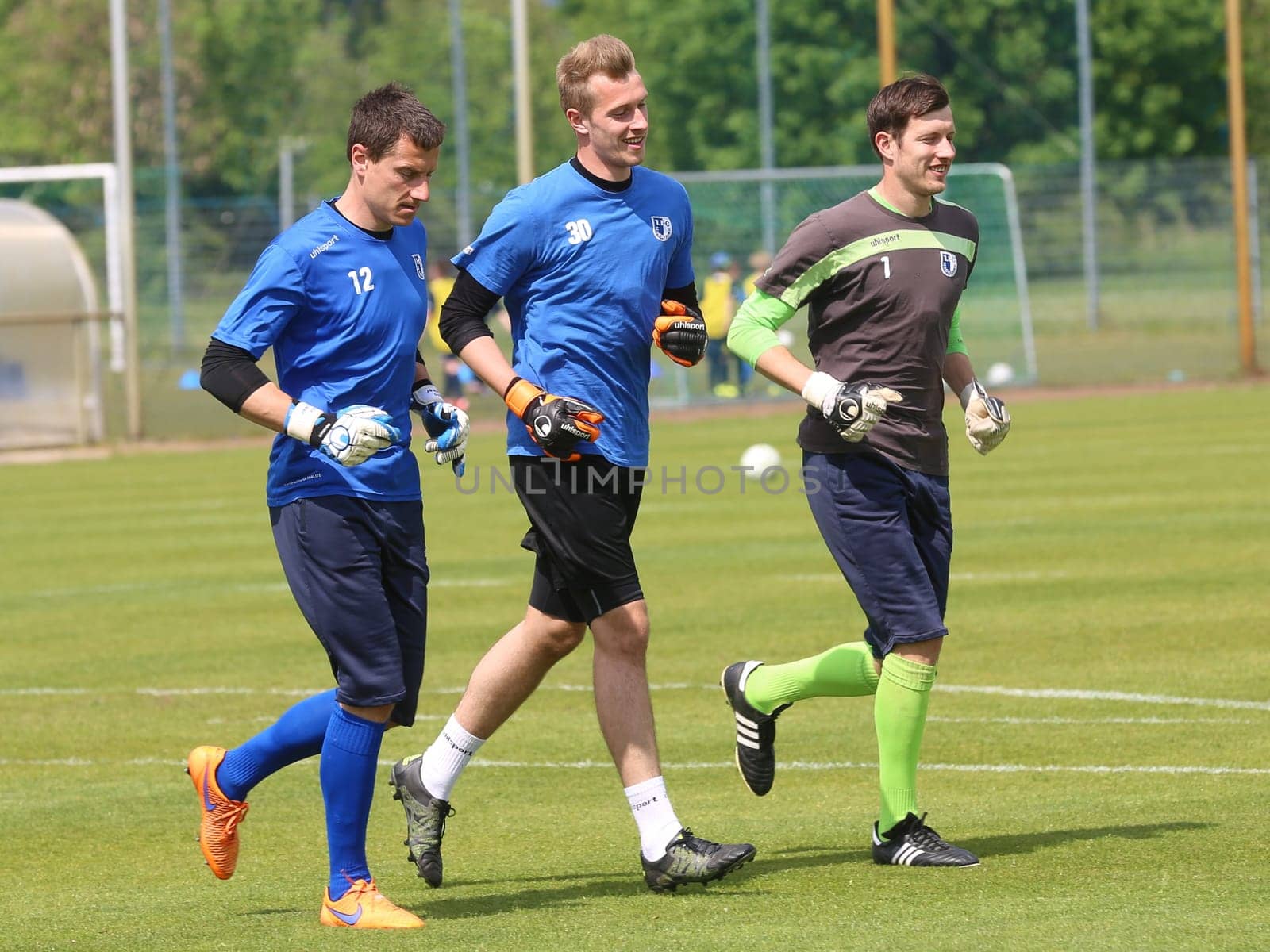 Jan Glinker,Lukas Cichos and Matthias Tischer (all goalkeepers 1.FC Magdeburg) during training on 12.5.2016 in Magdeburg