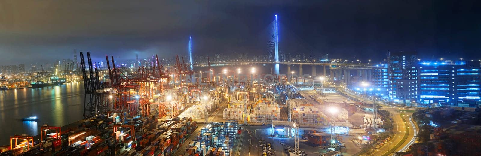Container port in Hong Kong at night
