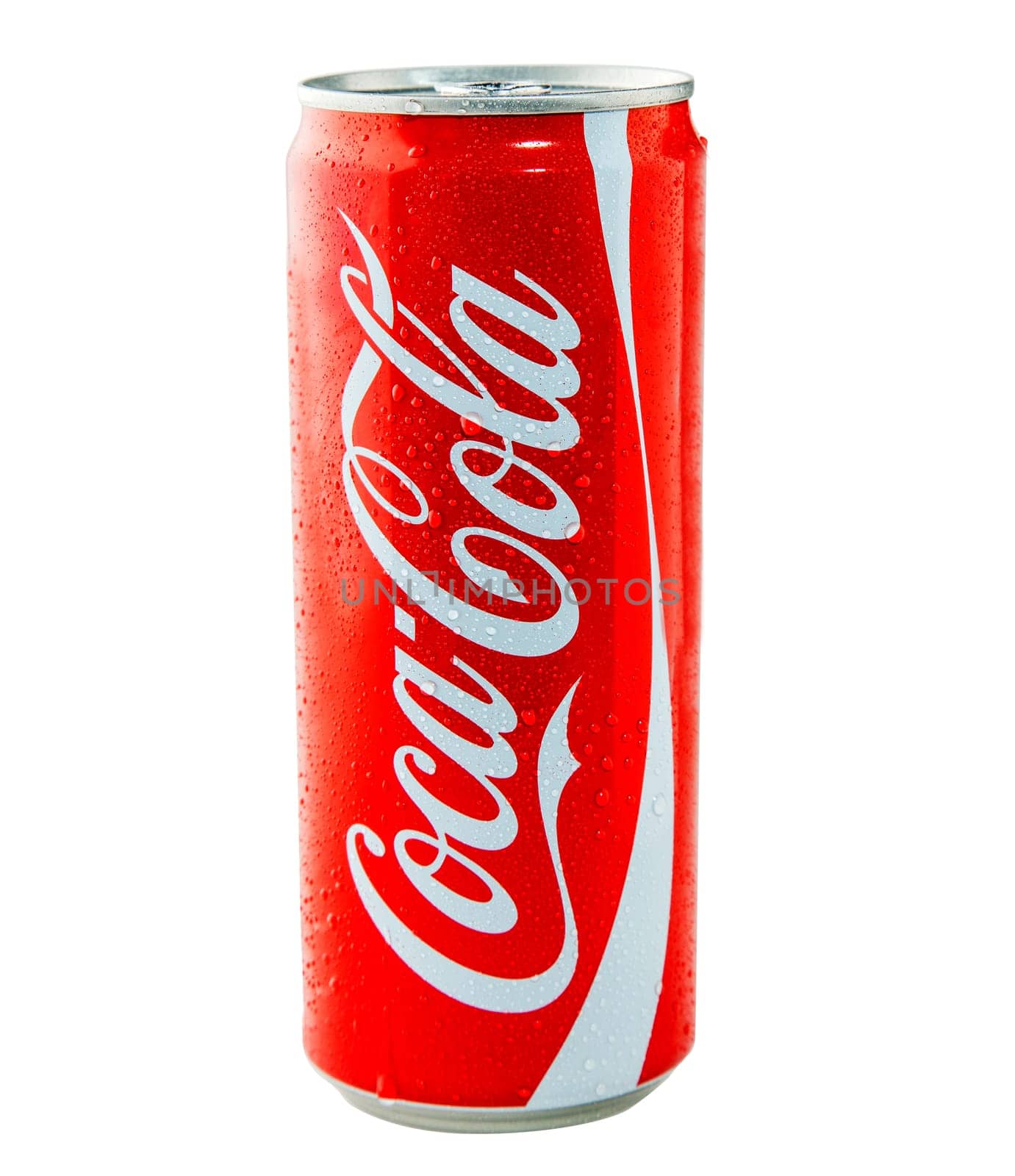 Single tall can of red and white branded carbonated beverage over white background