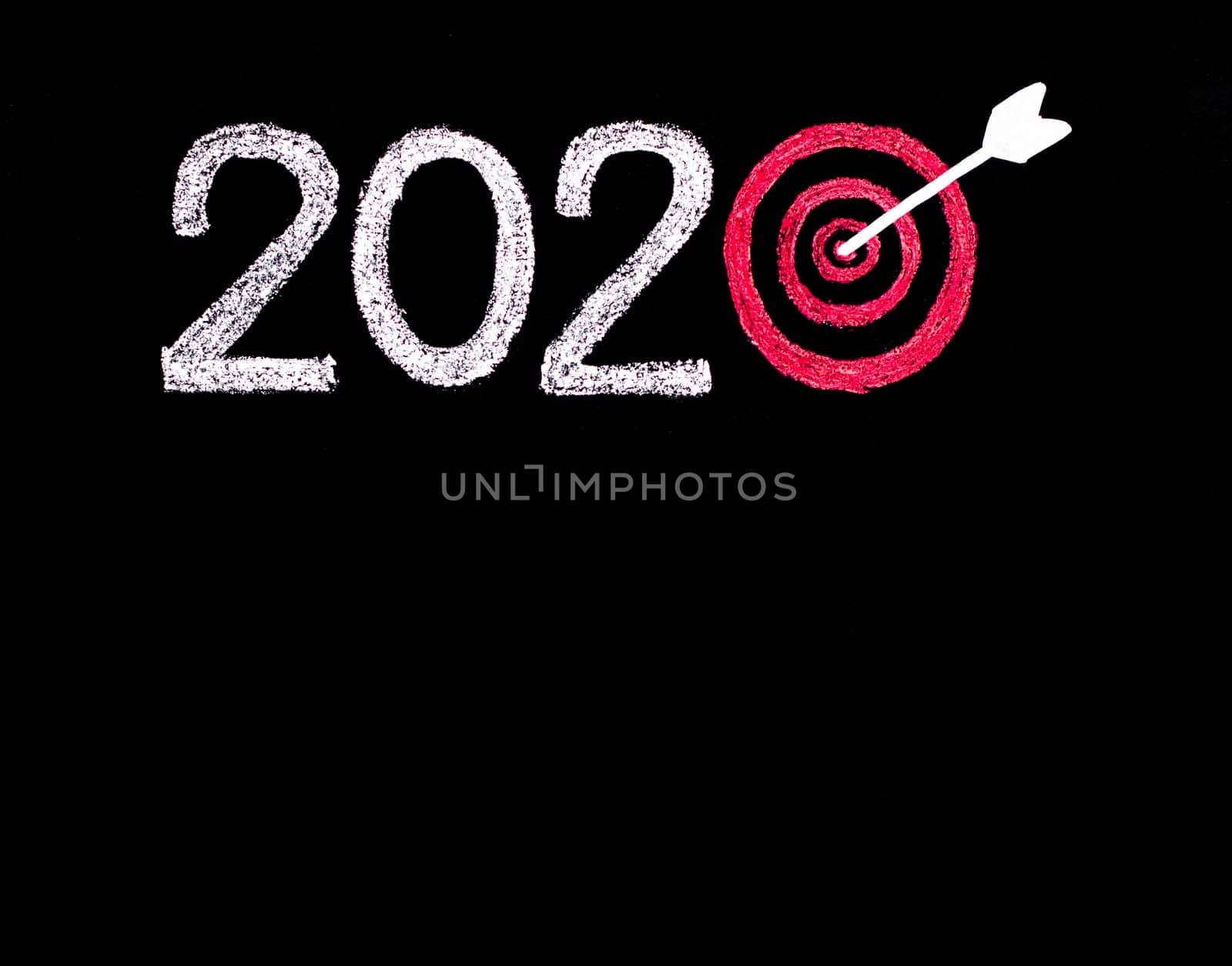 Conceptual image of Year 2020, with number zero in shape of a target and arrow in the center.