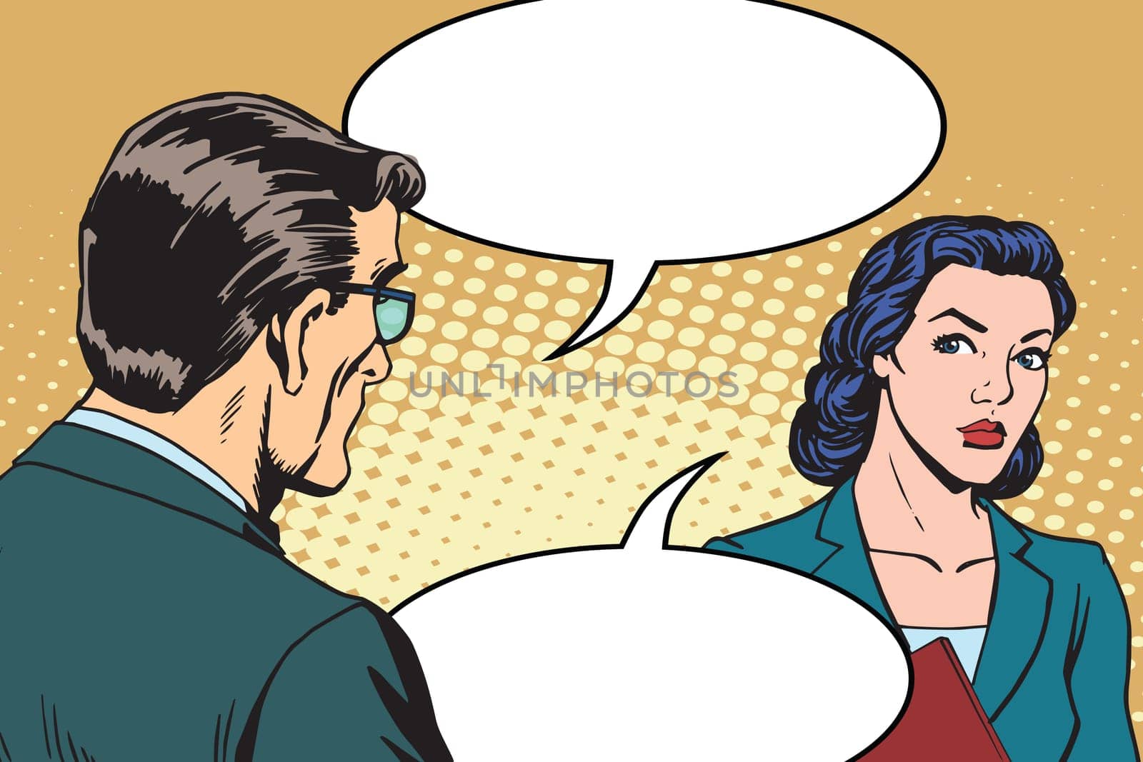Businessman and businesswoman dialogue pop art retro style. business people