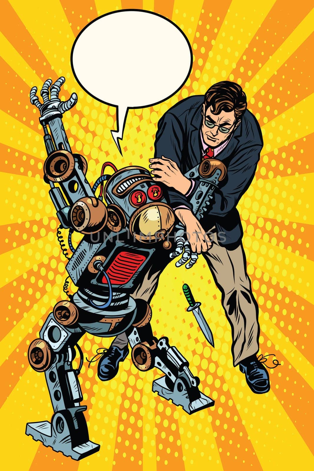 The fight of a man and armed robot pop art retro style. Dangerous robots. Robot criminal with a knife. Artificial intelligence and progress