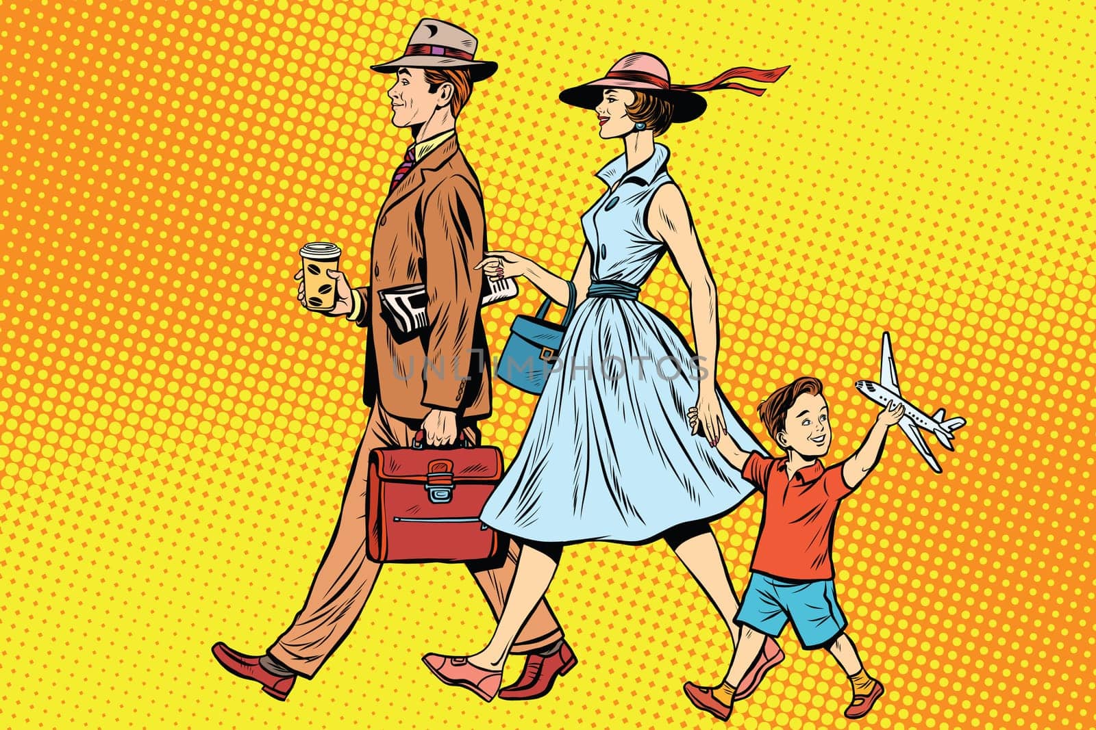 Family on a walk pop art retro style. father, mother and son. Family vector. Retro family happy