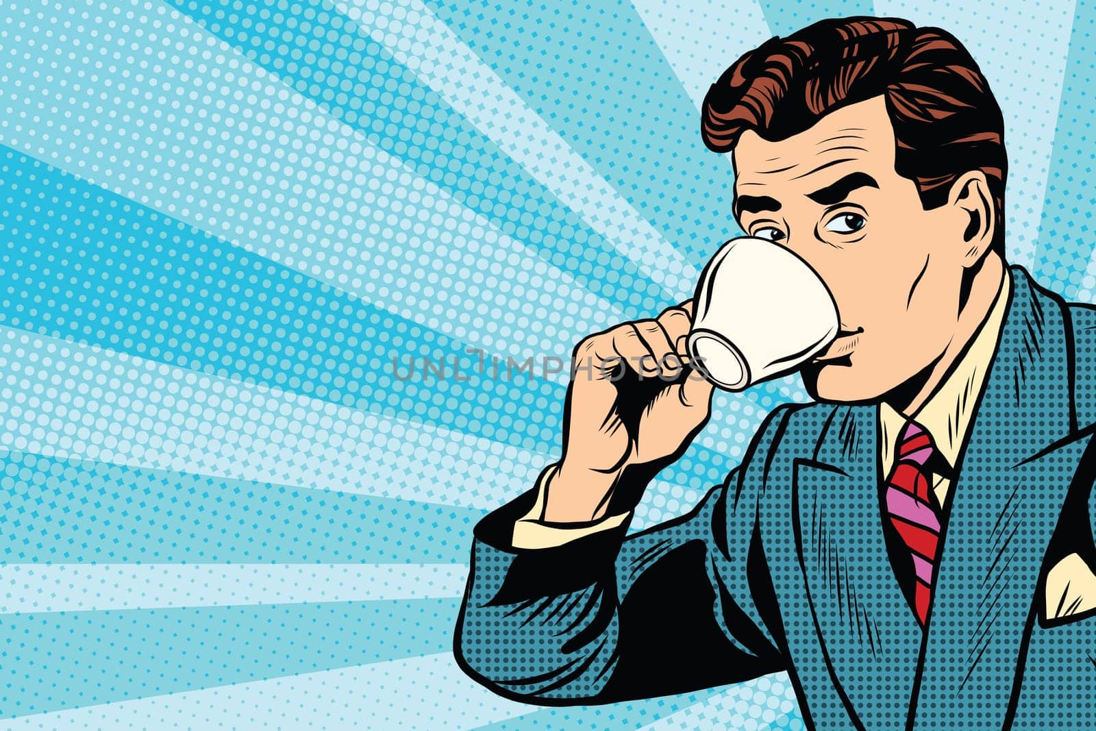 businessman and Cup of coffee pop art retro style. A hot beverage. Tea and coffee making facilities. A Cup of coffee