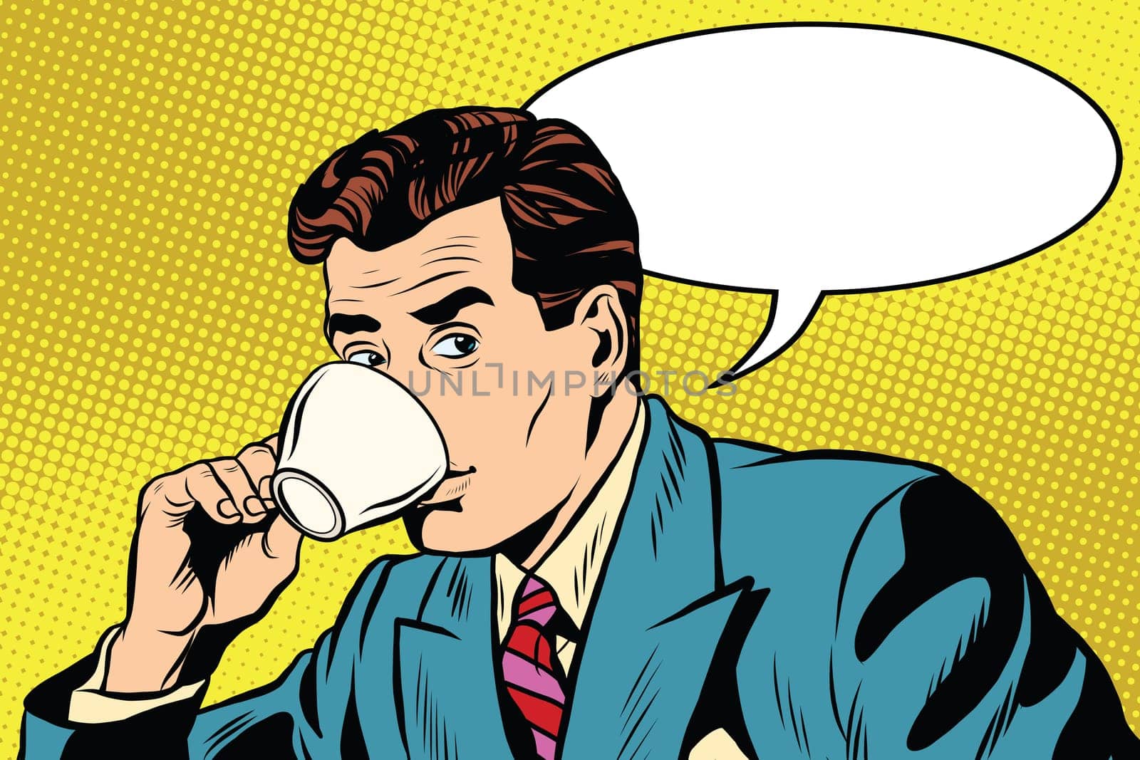 businessman and Cup of coffee pop art retro style. A hot beverage. Tea and coffee making facilities. A Cup of coffee