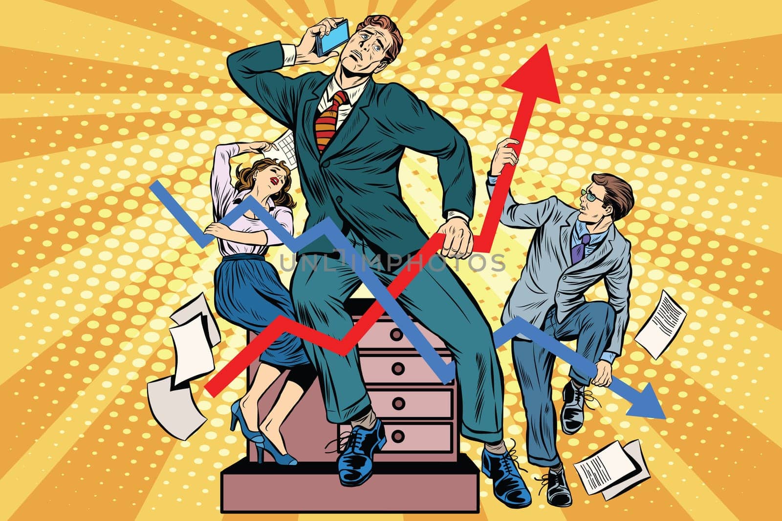 Businessmen and sales schedules pop art retro style. The businessman in the image of Laocoon and his sons. Ancient myths