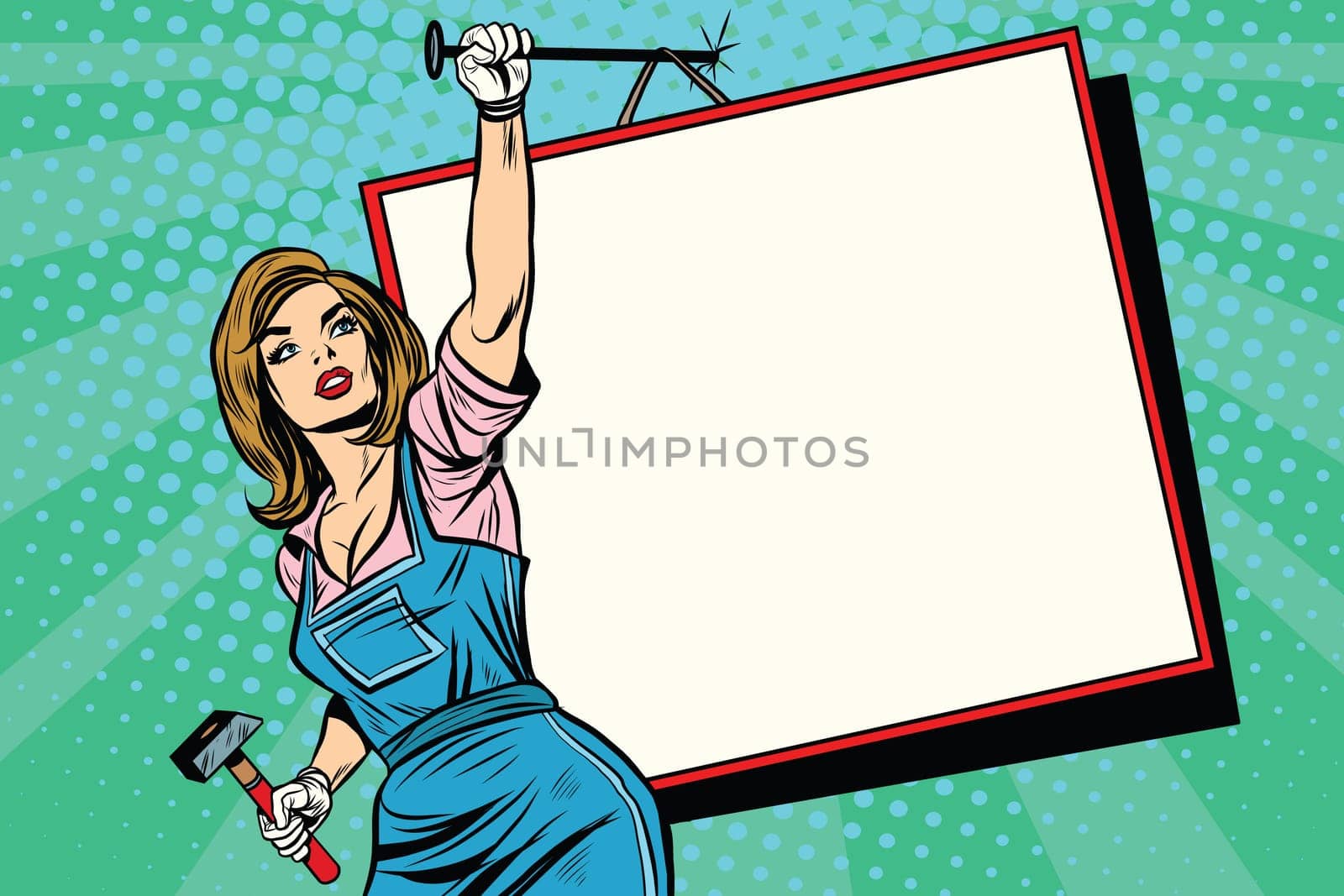 Advertising girl with poster pop art retro style. female worker with a hammer nailed to a wall billboard.
