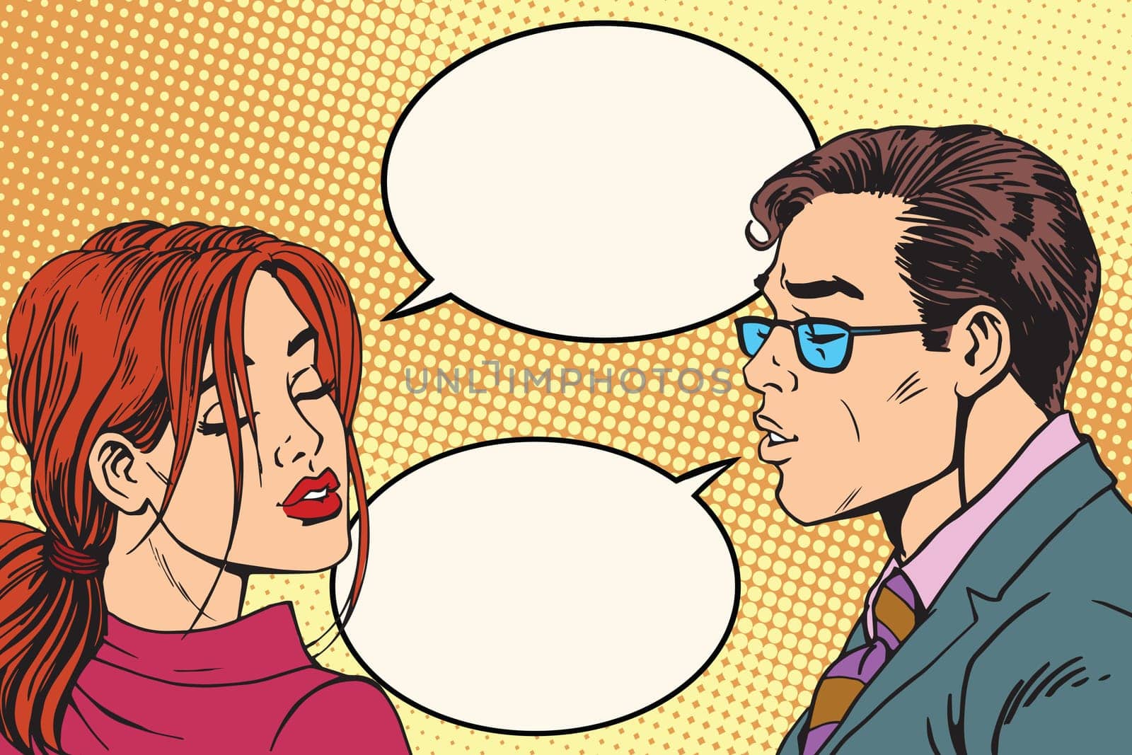 Male and female dialogue before the kiss pop art retro vector. Retro man and woman. Couple love vector