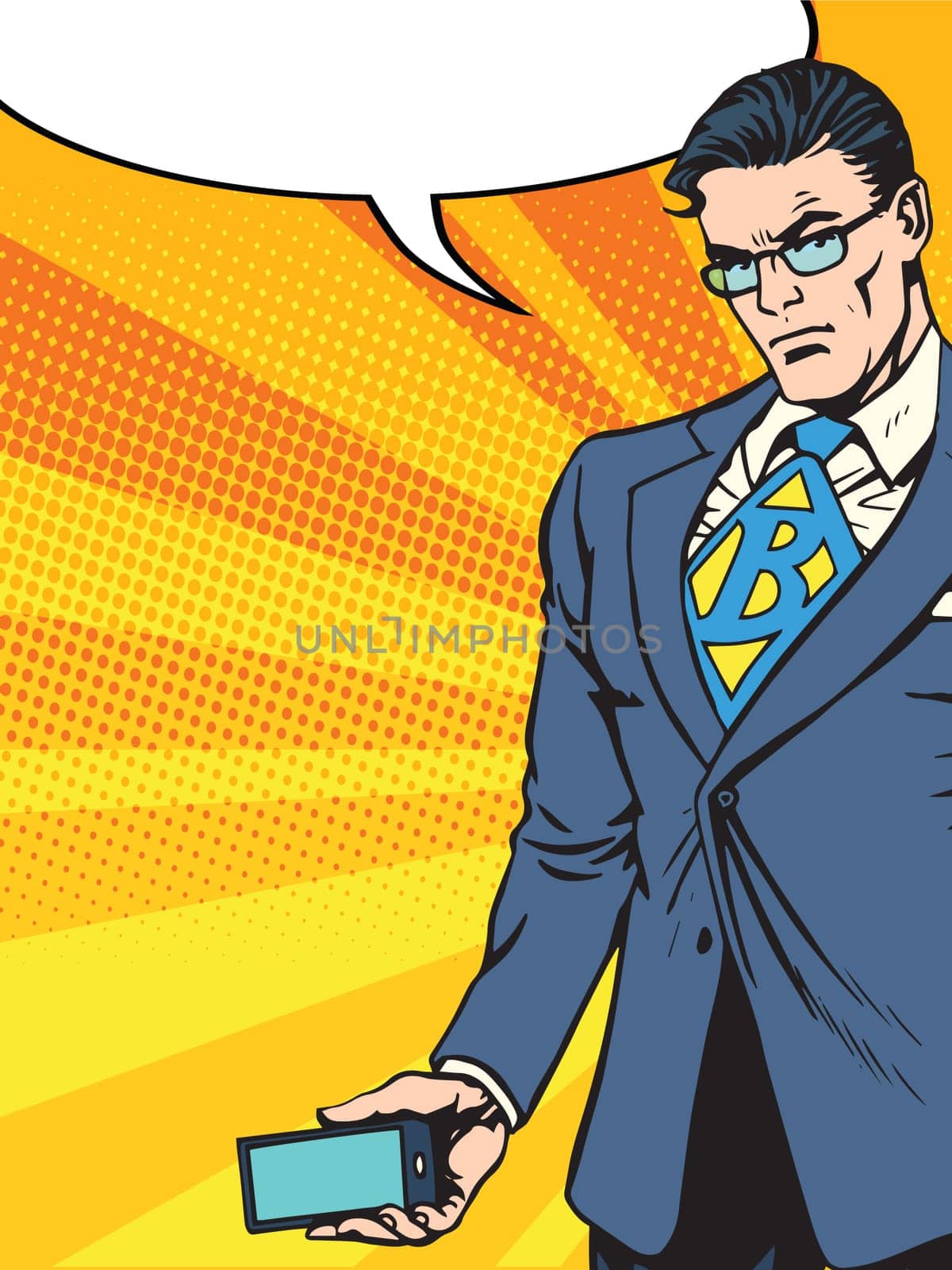 Businessman with smartphone gadget pop art retro style