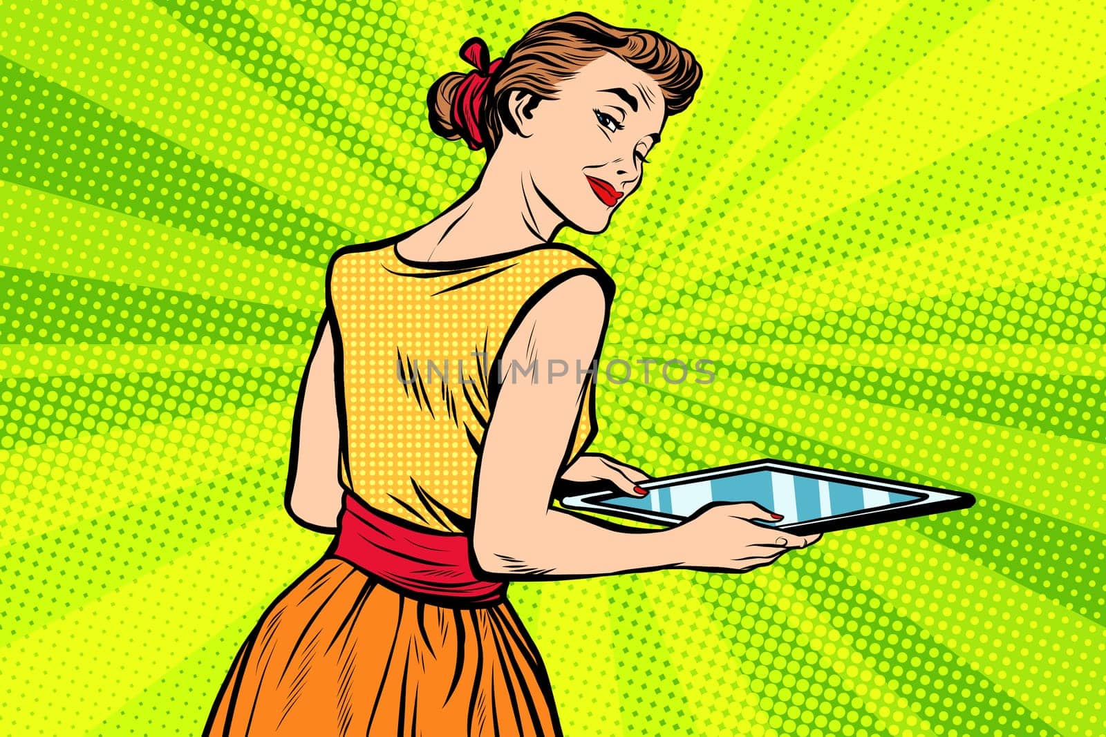 service girl waitress with tray pop art retro vector. The restaurant and service