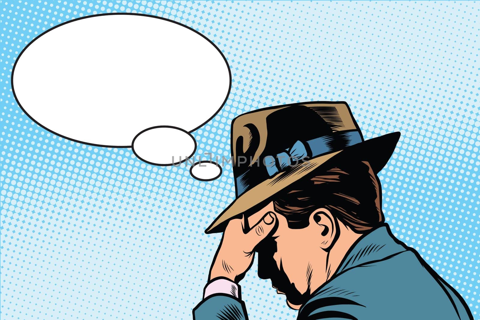 Retro male thinking pop art retro vector. The person thinks. The man remembers