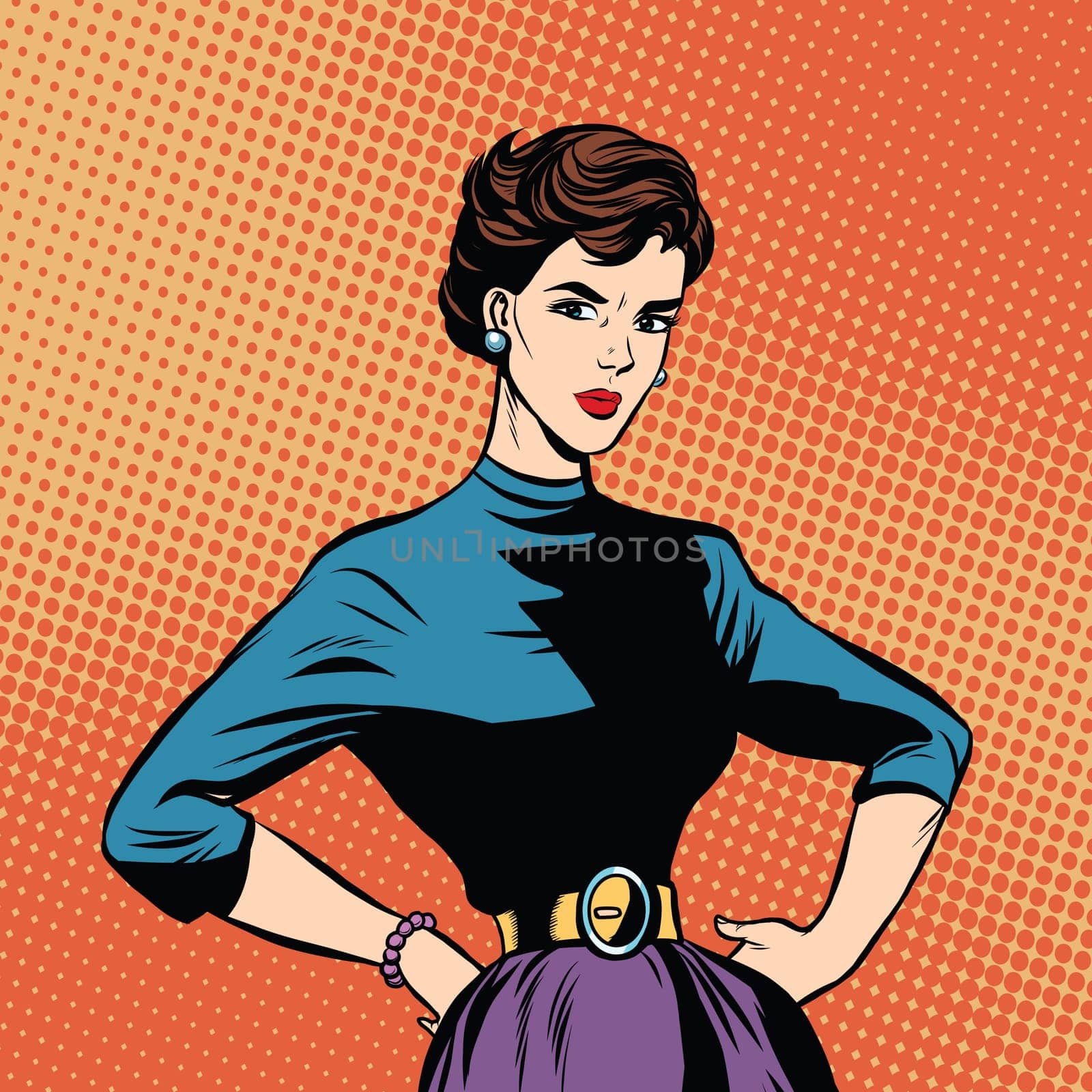 Strict beautiful retro woman pop art retro vector. Serious girl