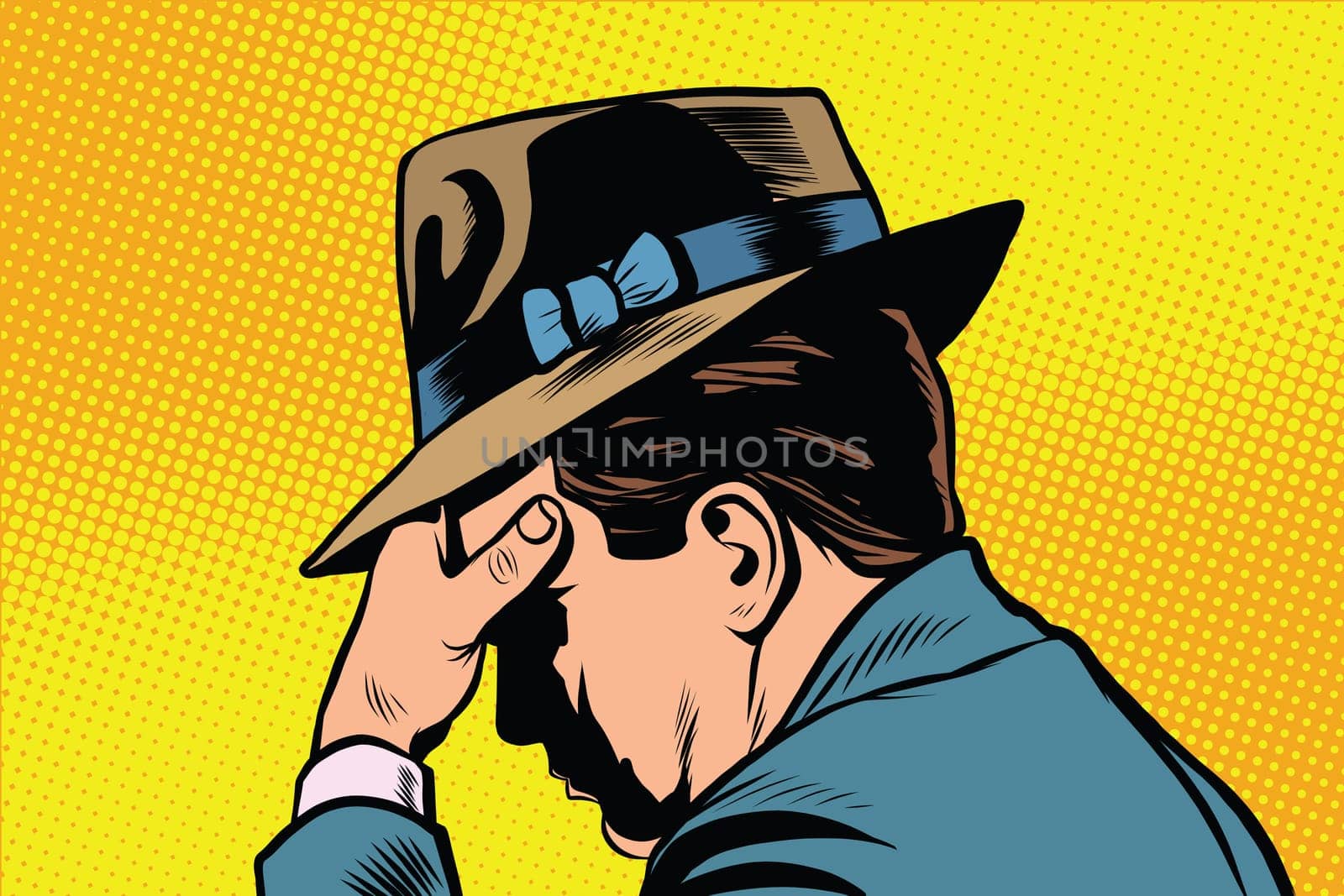 Retro male thinking pop art retro vector. The person thinks. The man remembers