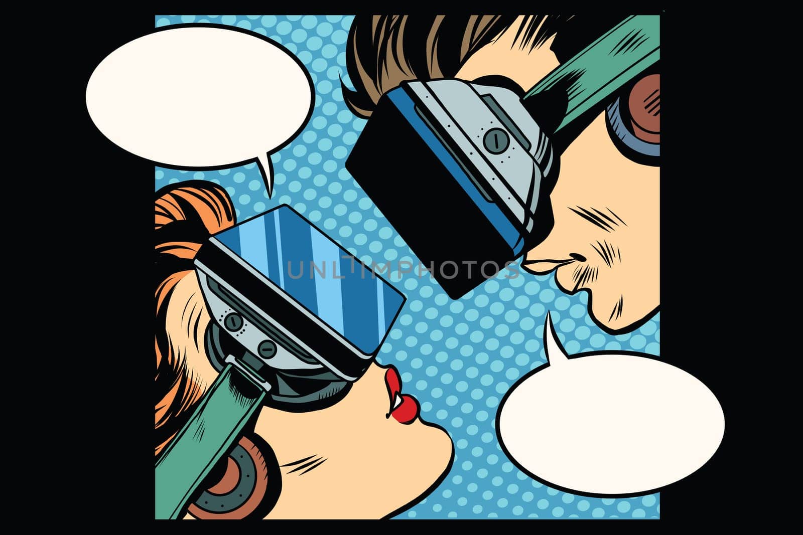 Virtual love man woman glasses virtual reality pop art retro vector. Couple love. Virtual acquaintance. The Internet acquaintance. Science fiction romance