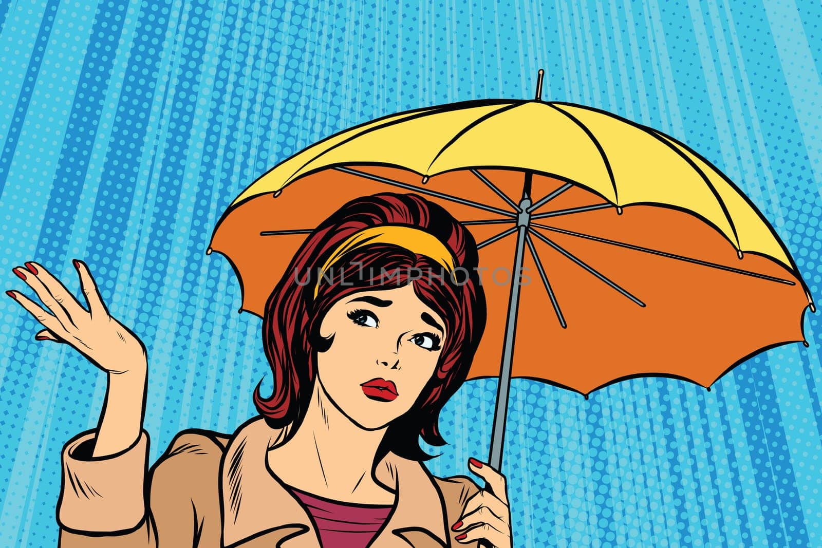 Beautiful sad girl in rain with umbrella, bad weather pop art retro vector. Umbrella rain vector. Retro girl in the fall. Thunderstorm and rain