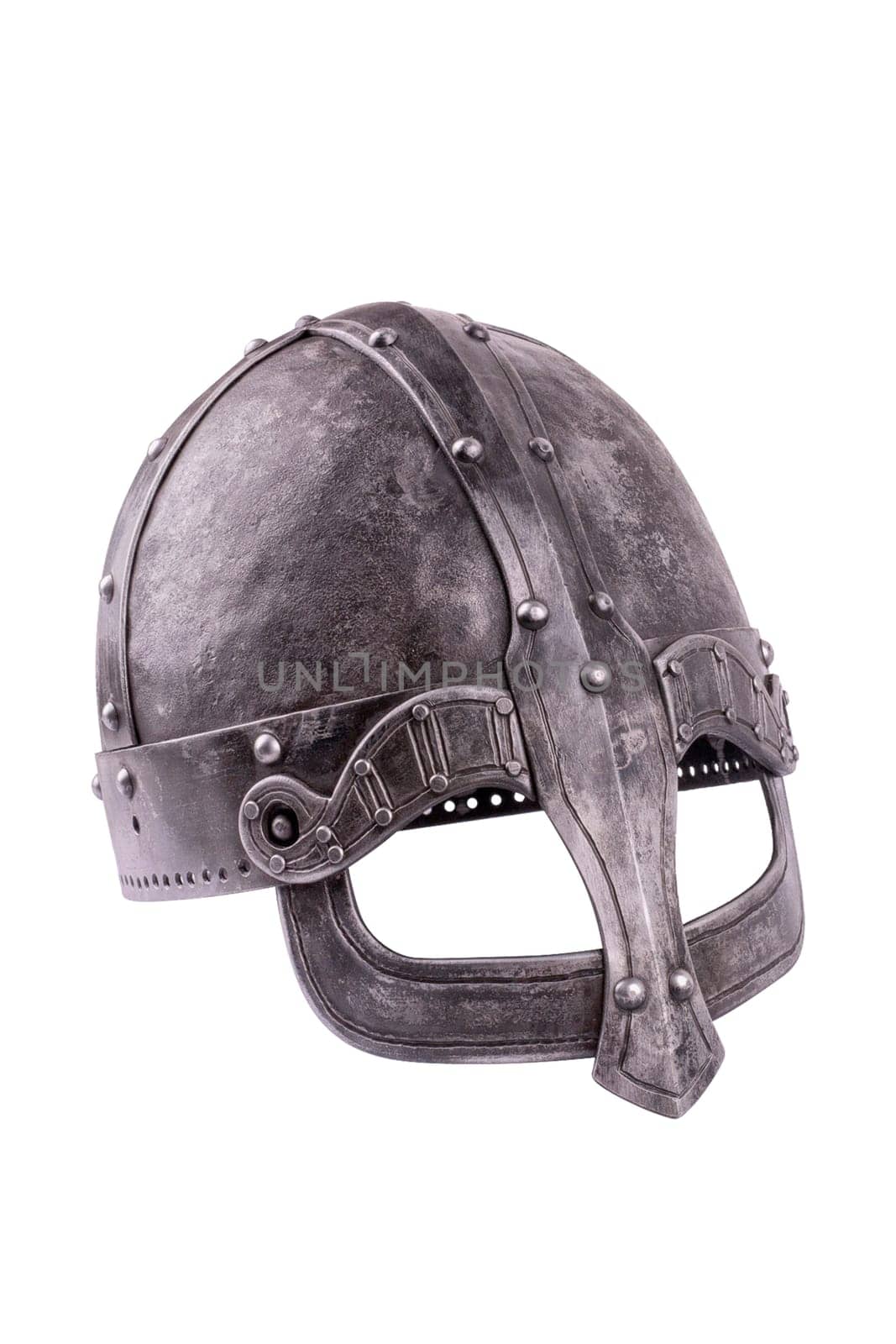 Old forged Viking helmet isolated on a white background.