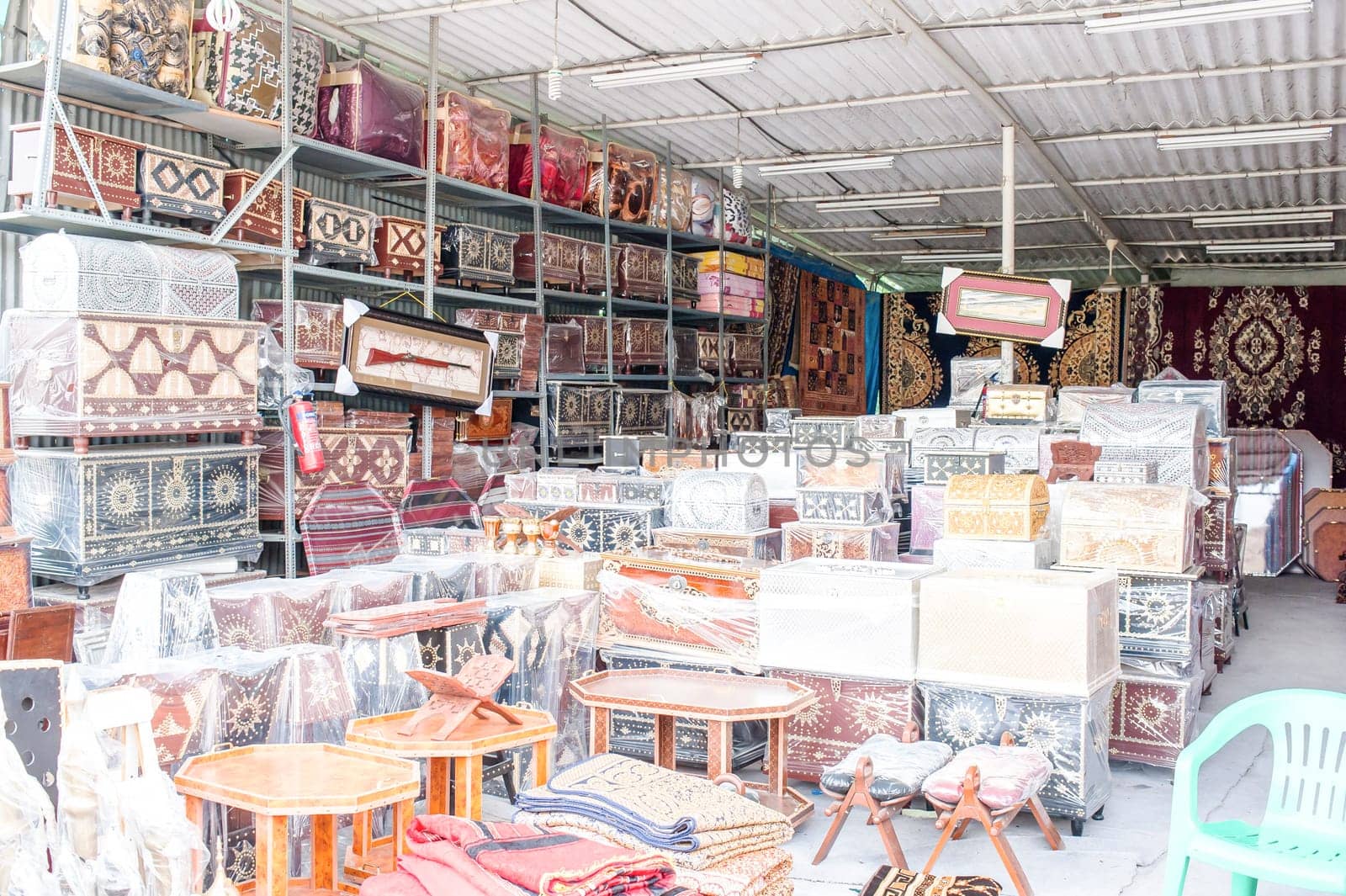 Travel trunks for sale at a market