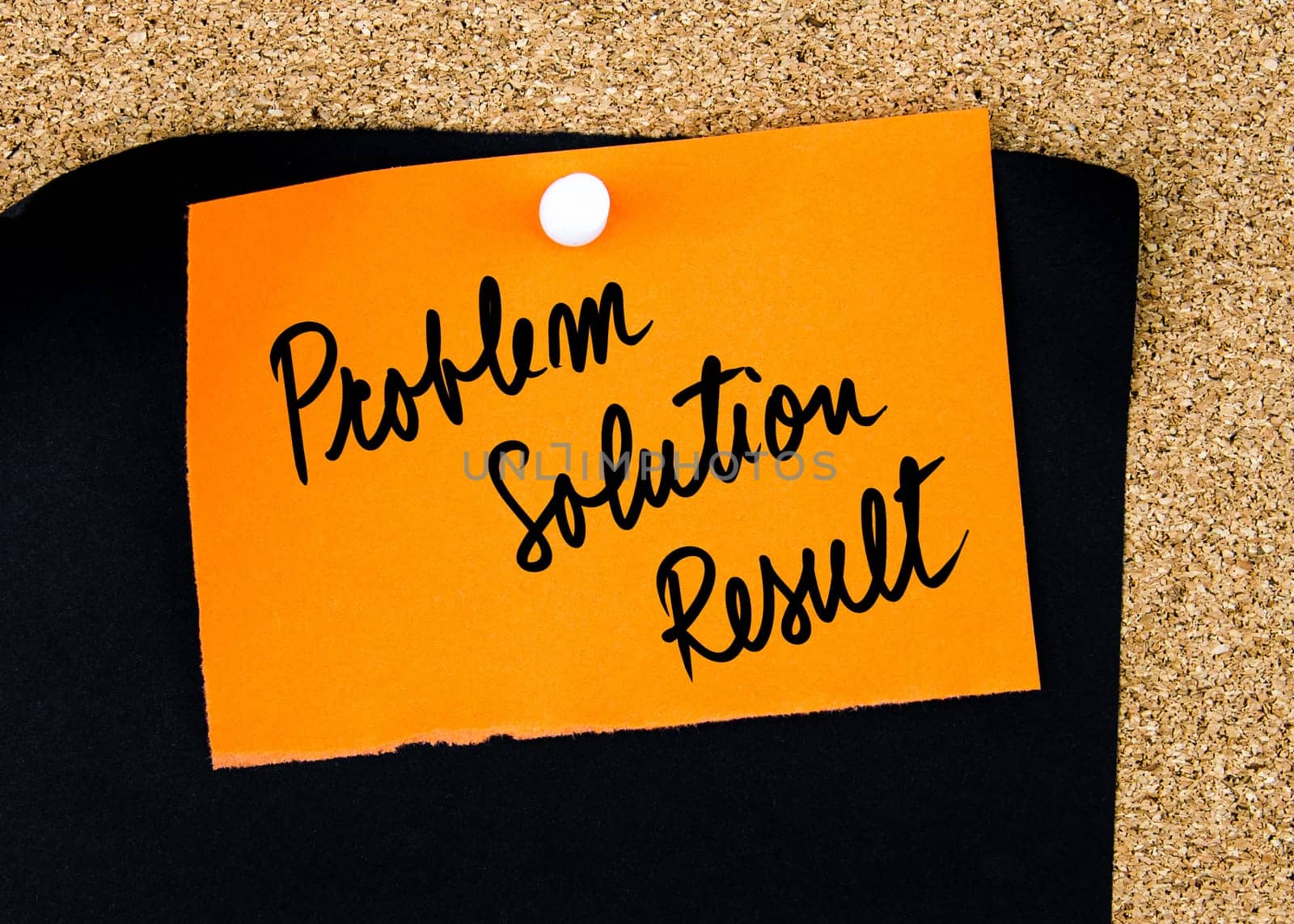 Problem, Solution, Result written on orange paper note pinned on cork board with white thumbtacks, copy space available