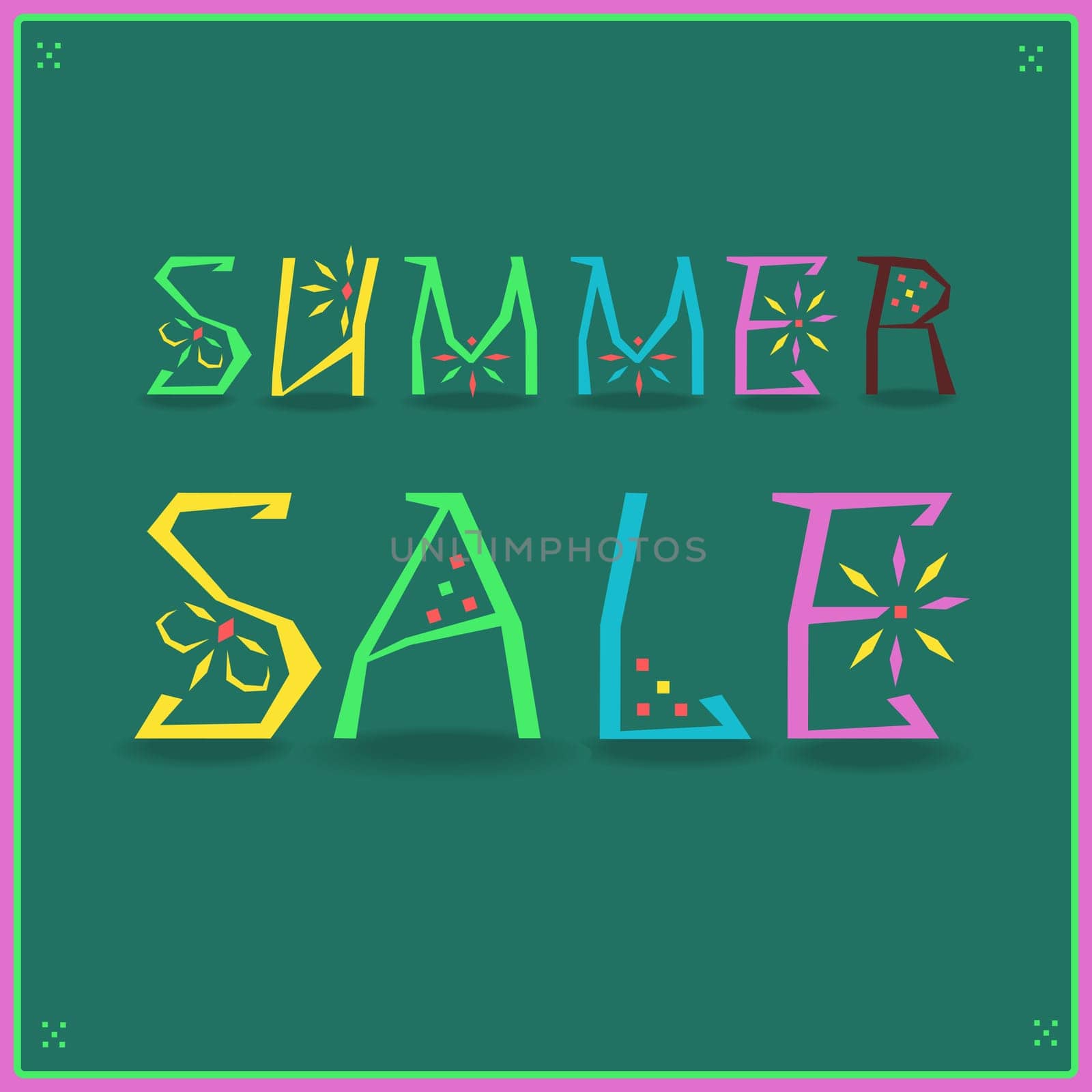 Inscription Summer Sale. Funny letters with floral and geometric pattern. Vector Illustration
