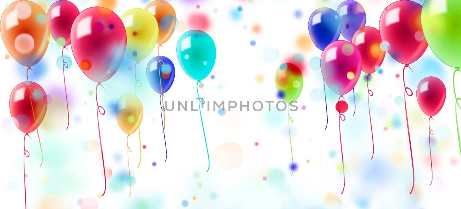 colorful balloons and confetti with partial motion blur on a white background