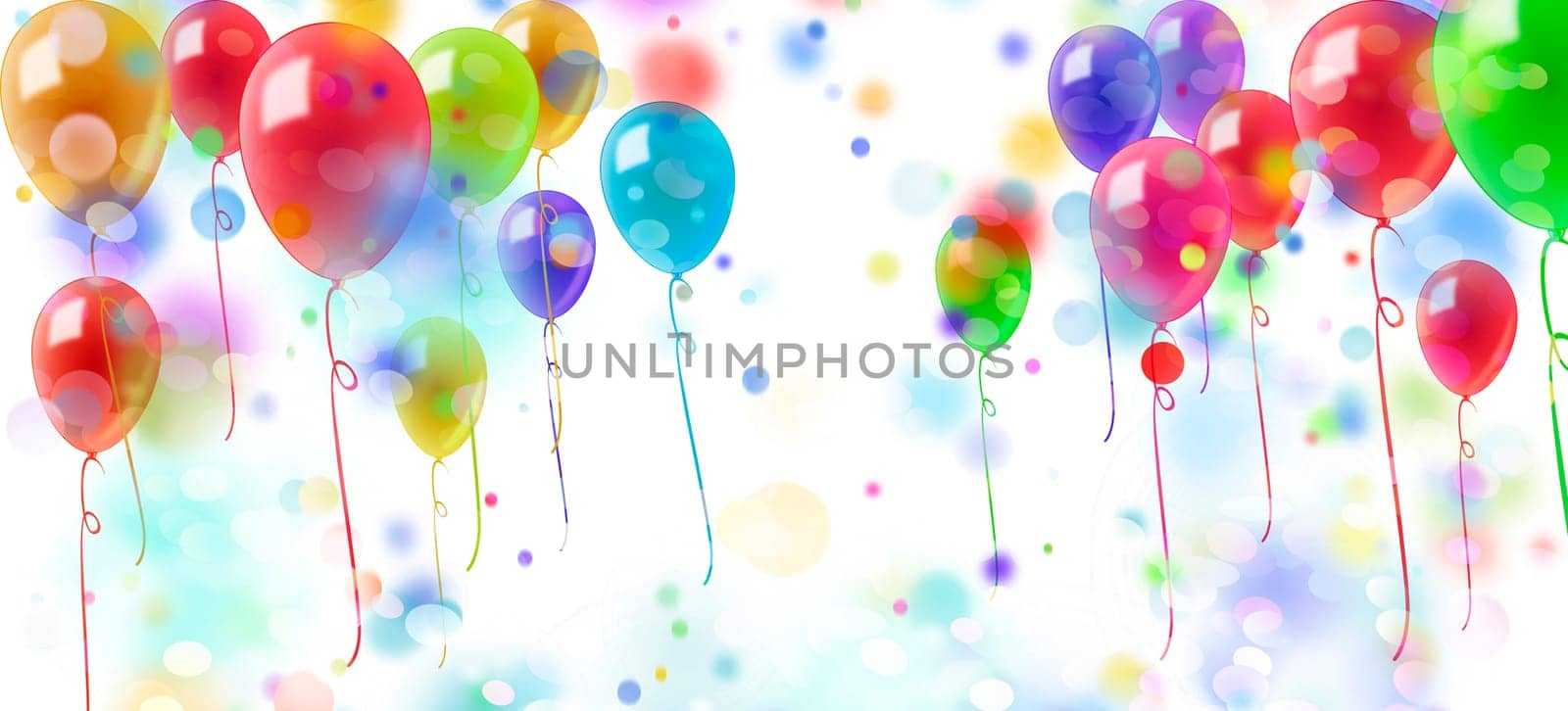 colorful balloons and confetti with partial motion blur on a white background