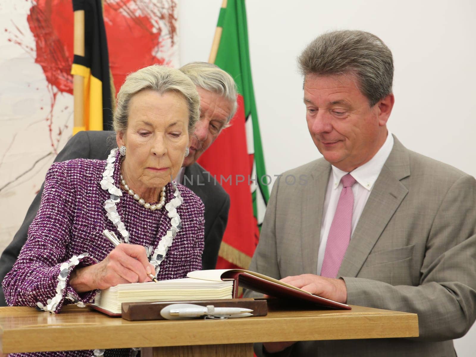 Edda Darboven (wife of Albert Darboven) enters herself in the guest book of the state capital Magdeburg at the reception by the Mayor Dr. Lutz Trümper (independent) on May 22,2016