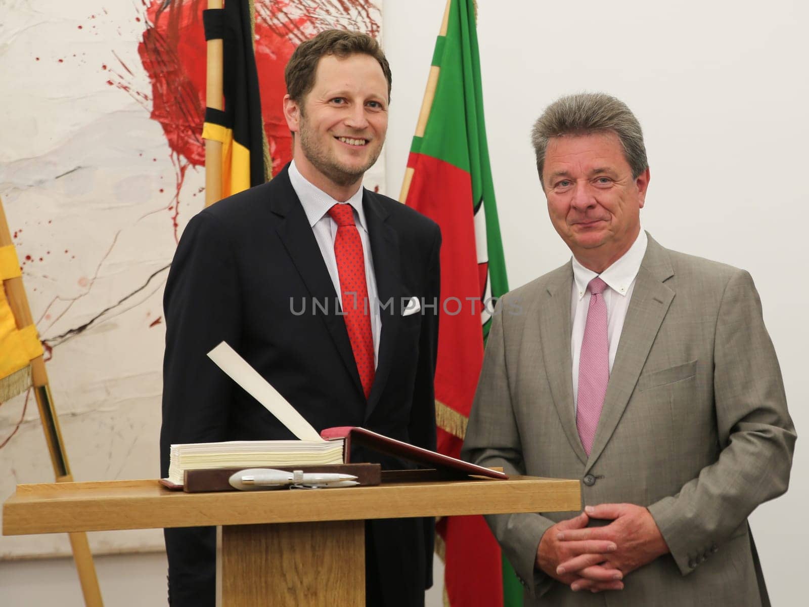 Prince Georg Friedrich of Prussia (great-great-grandson of Kaiser Wilhelm II) enters the guest book of the state capital Magdeburg at the reception by the Mayor Dr. Lutz Trümper (independent) on 22 May 2016