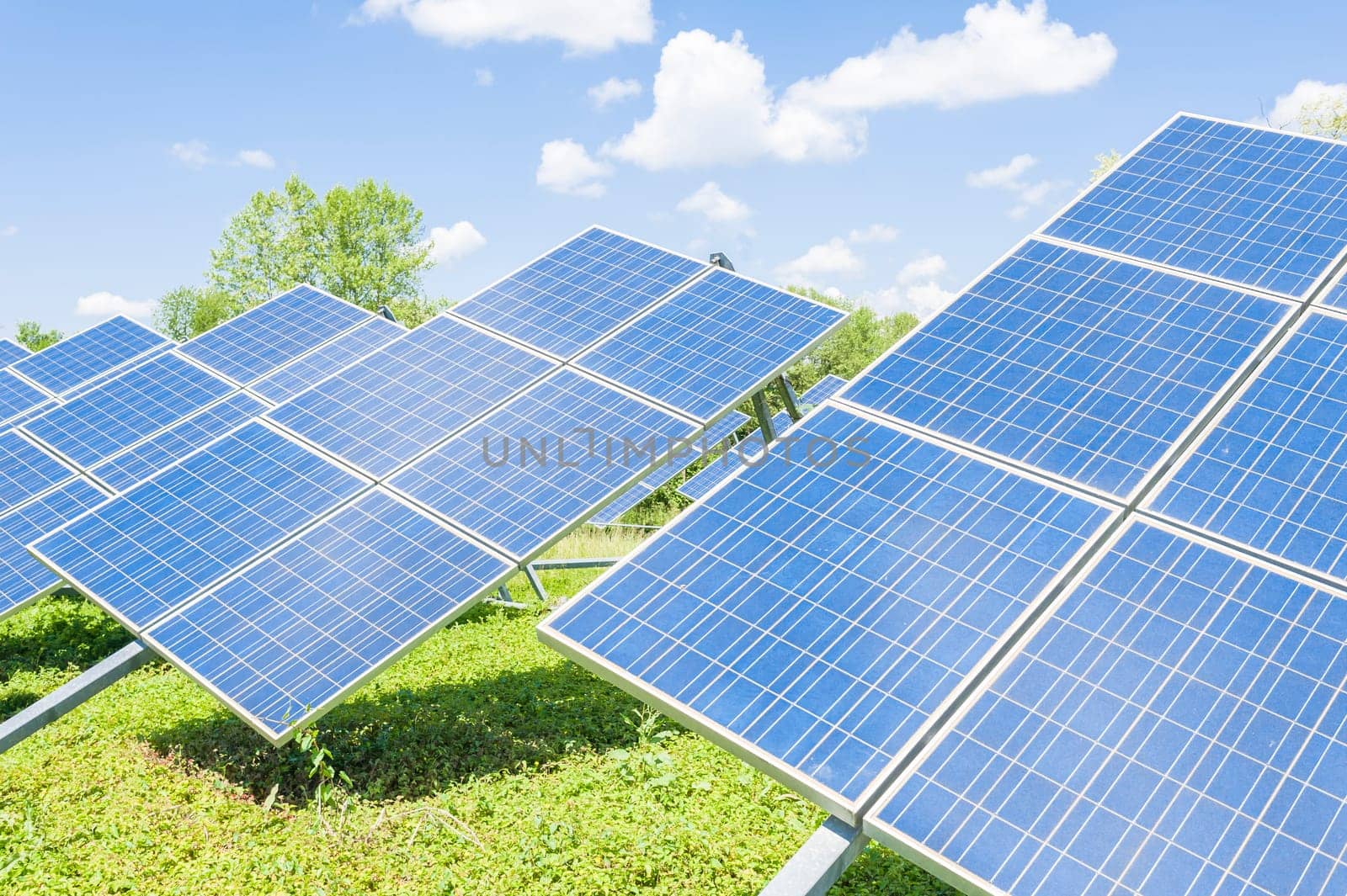 Solar panels placed on a countryside meadow.