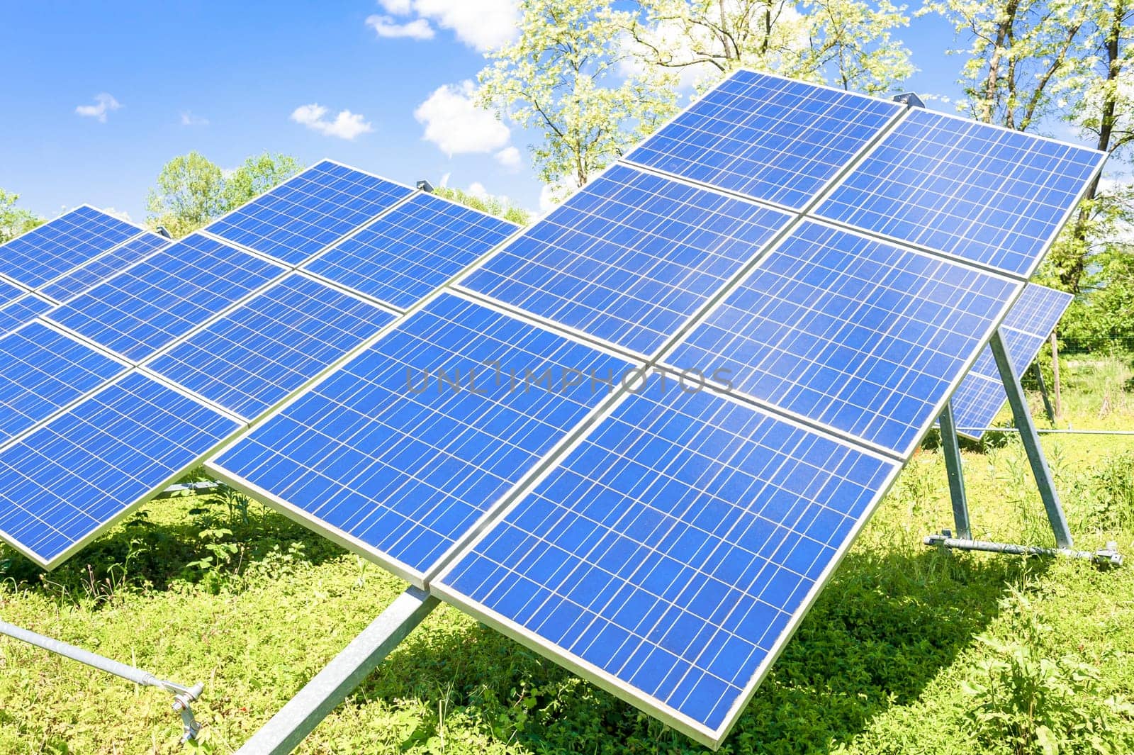 Solar panels placed on a countryside meadow.