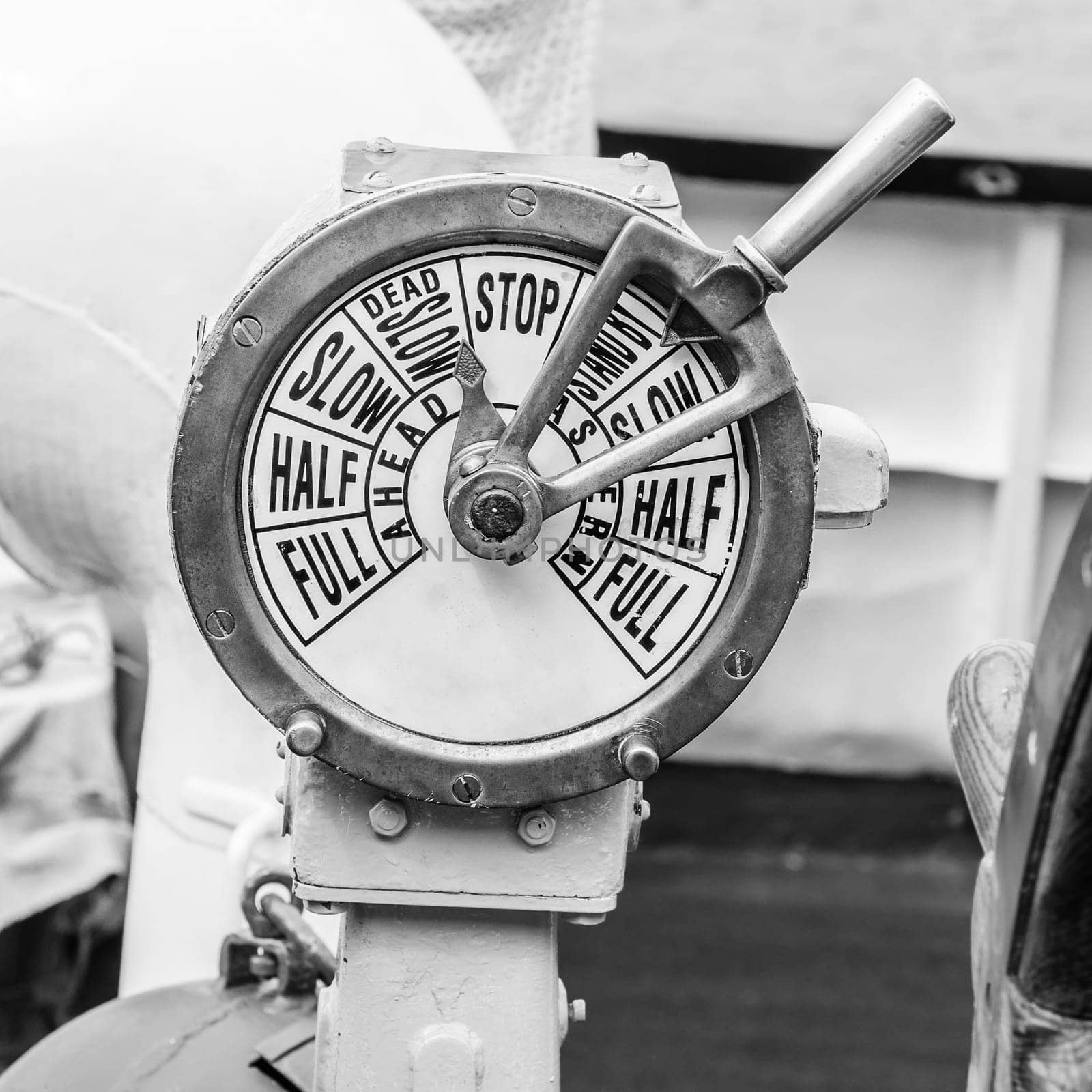 B-W image of a  engine room telegraph,  old steamship