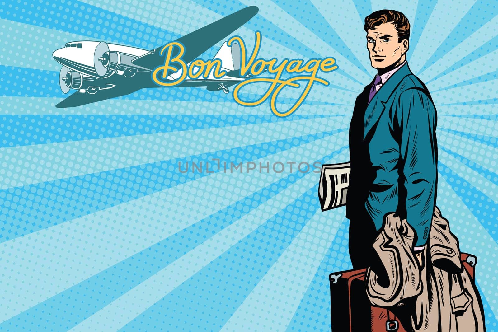 Male passenger traveler in the airport pop art retro vector. Air transport. Tourism and travel retro vector. Retro plane