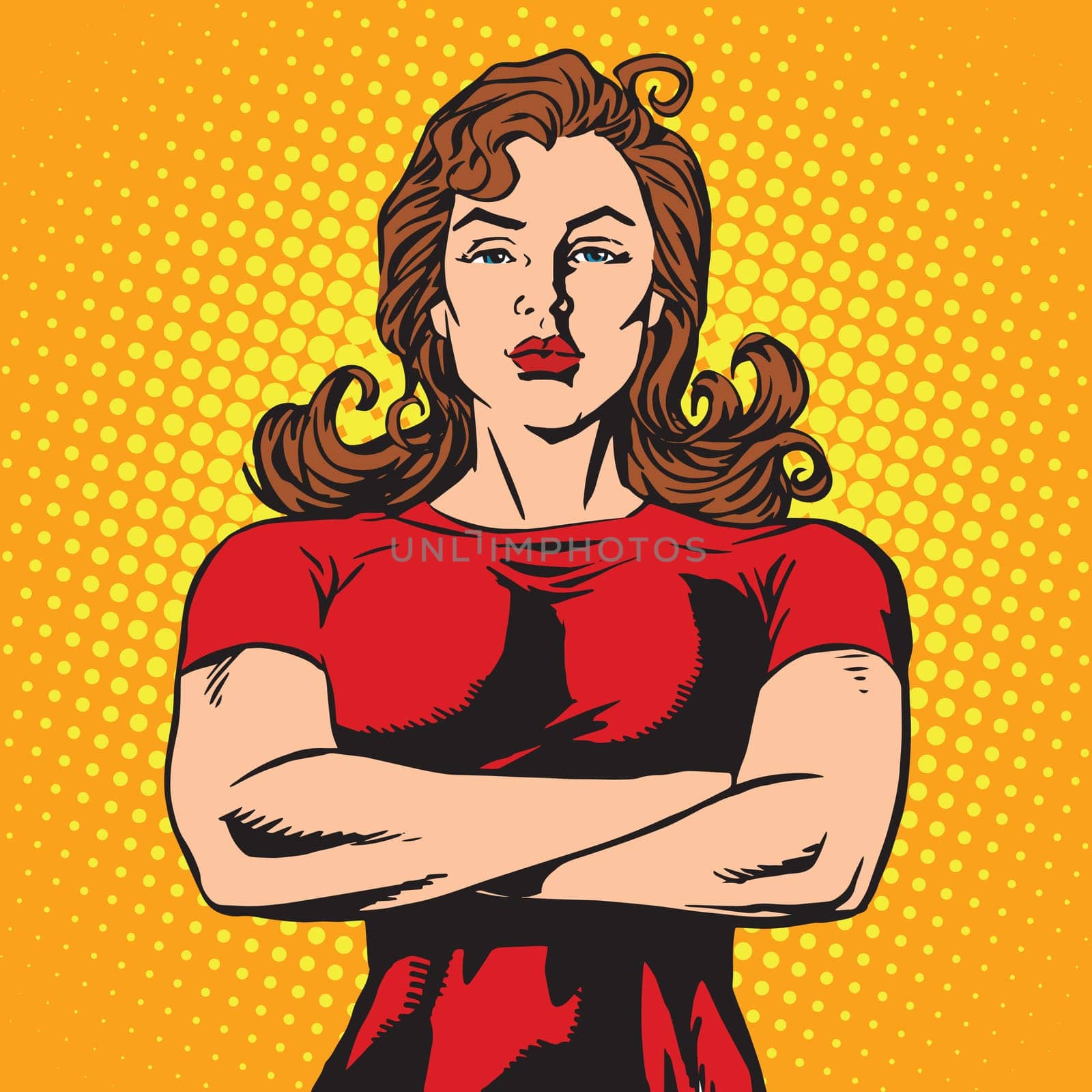 Strong female bodyguard athlete pop art retro vector. Strong girl. A female security guard. The power of women. Feminism
