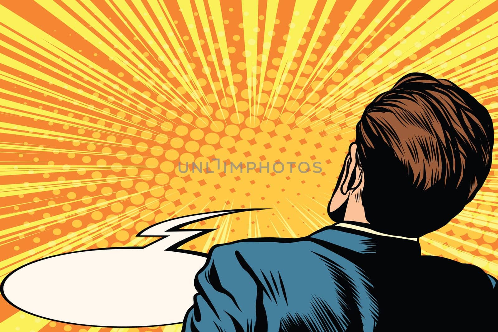 frightened man back pop art retro vector. The viewer is witness. Male back. Rear view