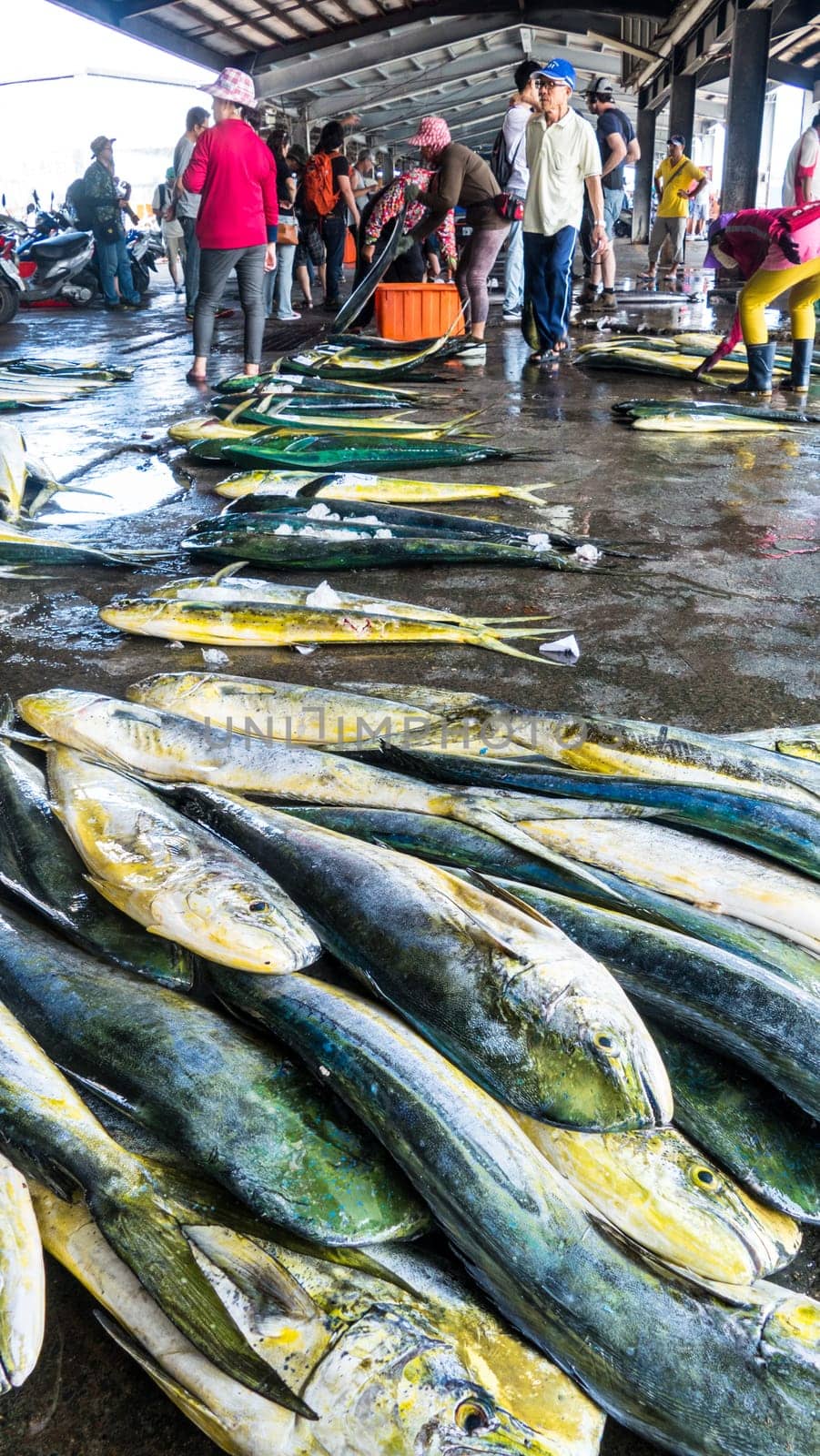 Taitung, Taiwan - May 28, 2016 : Fishing boats docked Chenggong Fishing Harbor remove fishing goods