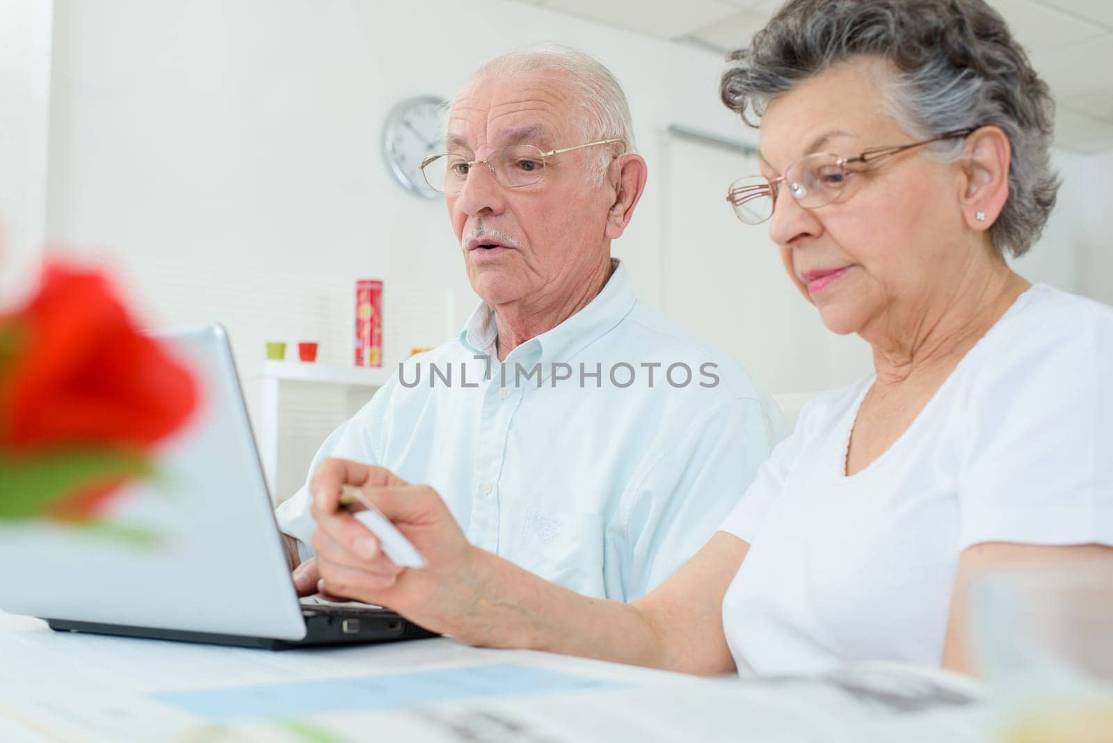 Elderly couple on computer, wife holding credit card